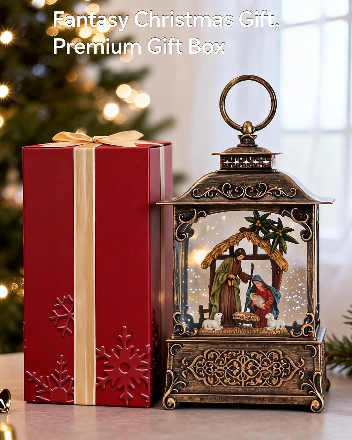 Musical Nativity Scene Christmas Snow Globe Lantern - Lighted Nativity Snow Globes with Swirling Glitter, LED Lights, Silent Night Song, 6-Hour Timer, Battery or USB Powered, Xmas Decorations Gifts