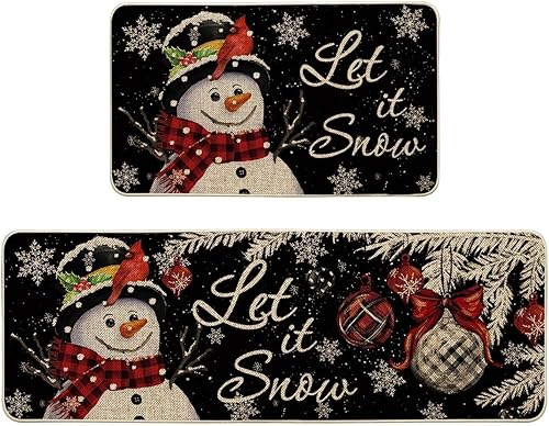 Artoid Mode Juego de 2 tapetes de cocina de Navidad con diseño de muñeco de nieve y copo de nieve negro, decoración del hogar, alfombras de cocina