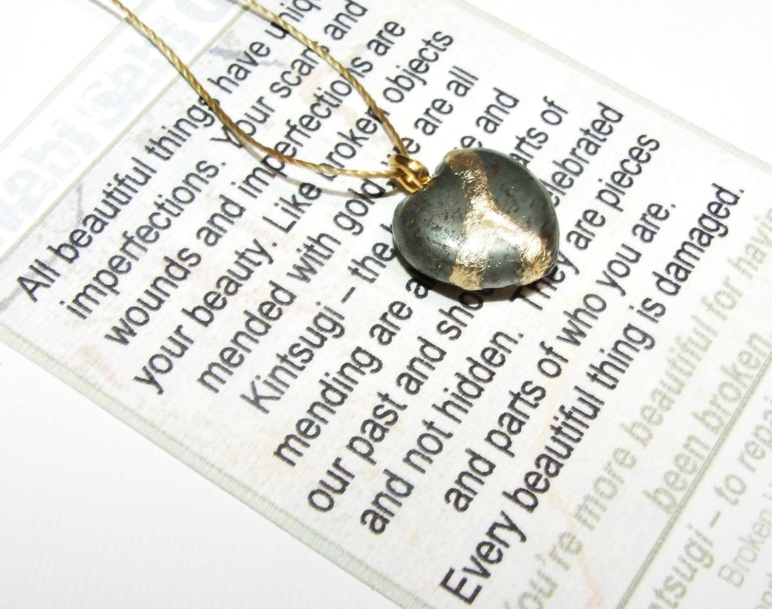 Kintsugi Petite Pyrite Broken Heart Mended with 23k Gold, Cord Necklace