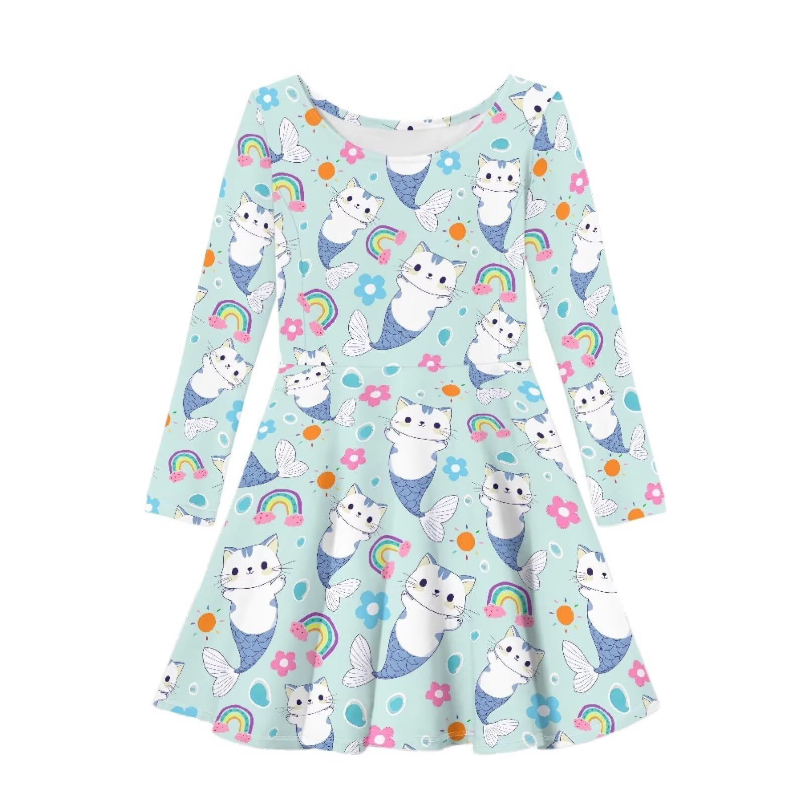XXQGOMG Blue Baby Cat Dresses for Girls 3-4 Long Sleeve Dress Pink A-Line Dress Long Sleeve Birthday Princess Toddler Teen Girls