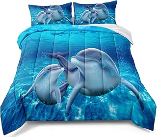 BDUCOK Dolphin Bedding Set Cute Dolphin Jumping Blue Ocean Animal Themed Comforter Set for Kids Boys Girls Adult Room Decor Dolphin Comforter Cover Full Size 1 Comforter wiht 2 Pillowcases
