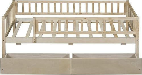 Miniatura 38 de Polibi Sofá cama de tamaño matrimonial, marcos de cama de día completo de madera con dos cajones y barandillas de seguridad para dormitorio, sala de