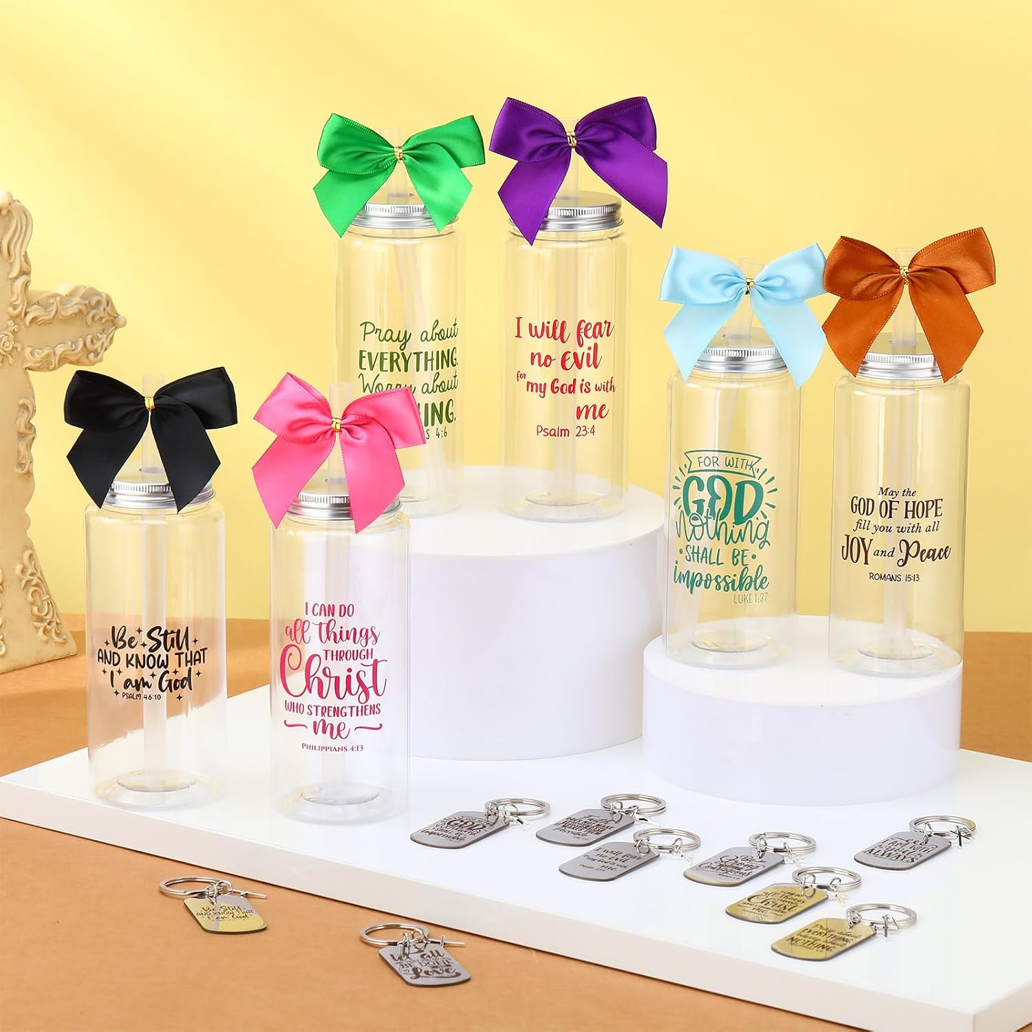 Skylety 40 Pcs/20 Set Christian Father Day Gifts Bulk 13.5 oz Bible Verse Tumbler Cups Church Plastic Cups with Bow Religious Inspirational Keychains for VBS Sunday Party Baptism Men(Multicolor)