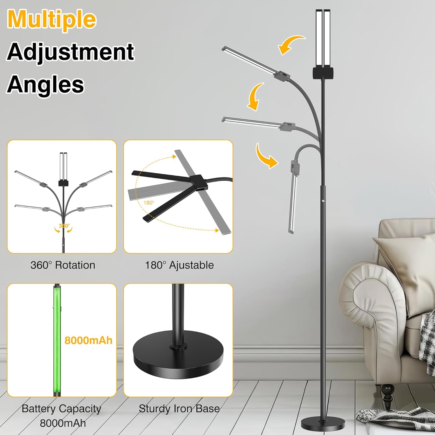 Rechargeable Floor Lamp Cordless with 8000mAh Battery, 15W Dual Head Adjustable Gooseneck LED Reading Lamp, Battery Operated Cordless Floor Lamp for Home, IP54 Rated