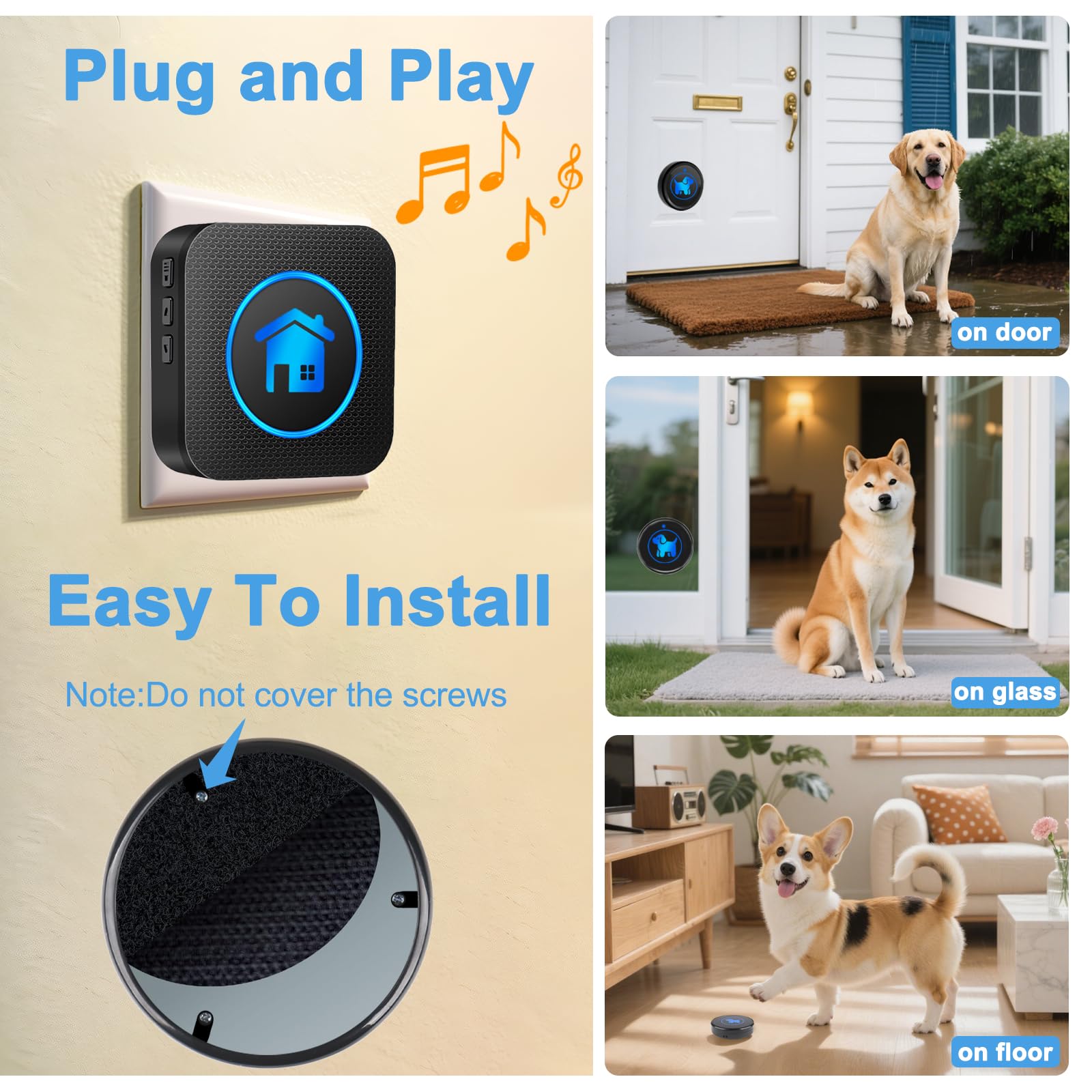 Campanas de perro para salir al aire libre, timbre inalámbrico para entrenamiento, timbre de puerta de perro Plug and Play con 2 botones táctiles impermeables, volumen ajustable, campana para