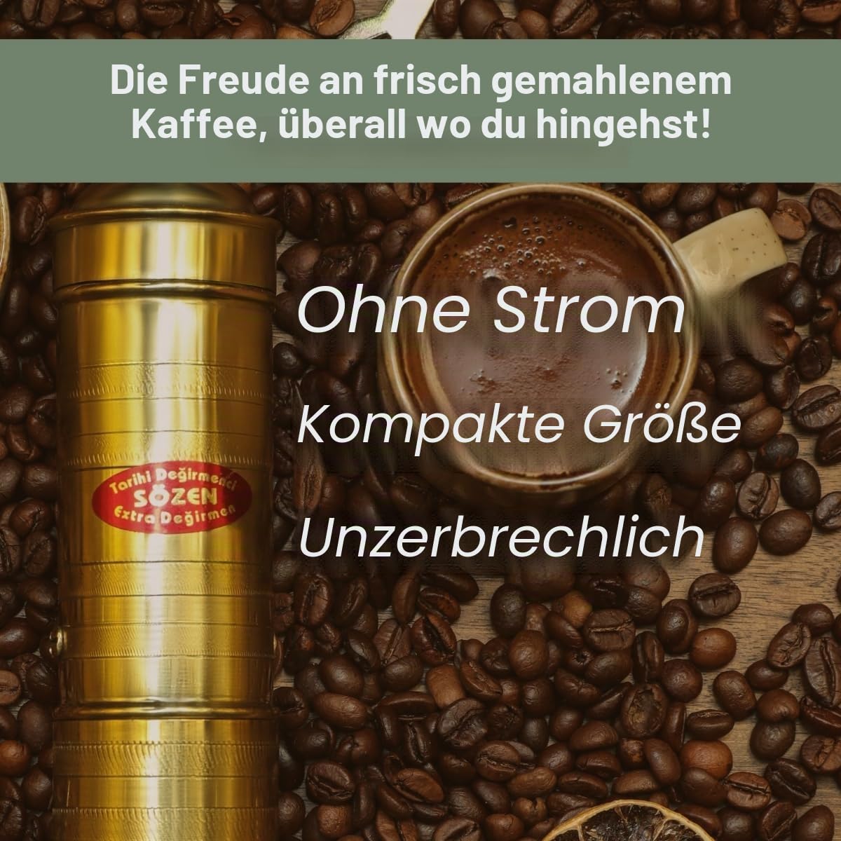 Manuelle Kaffeemühle, 22.9 cm, handgefertigt, Messing, manuelle Bohnenmühle mit verstellbarer Handkurbel, stabiles Design, Stahl-Frässtifte für ultrafeines Mahlen, tragbare Mühle, Sozen