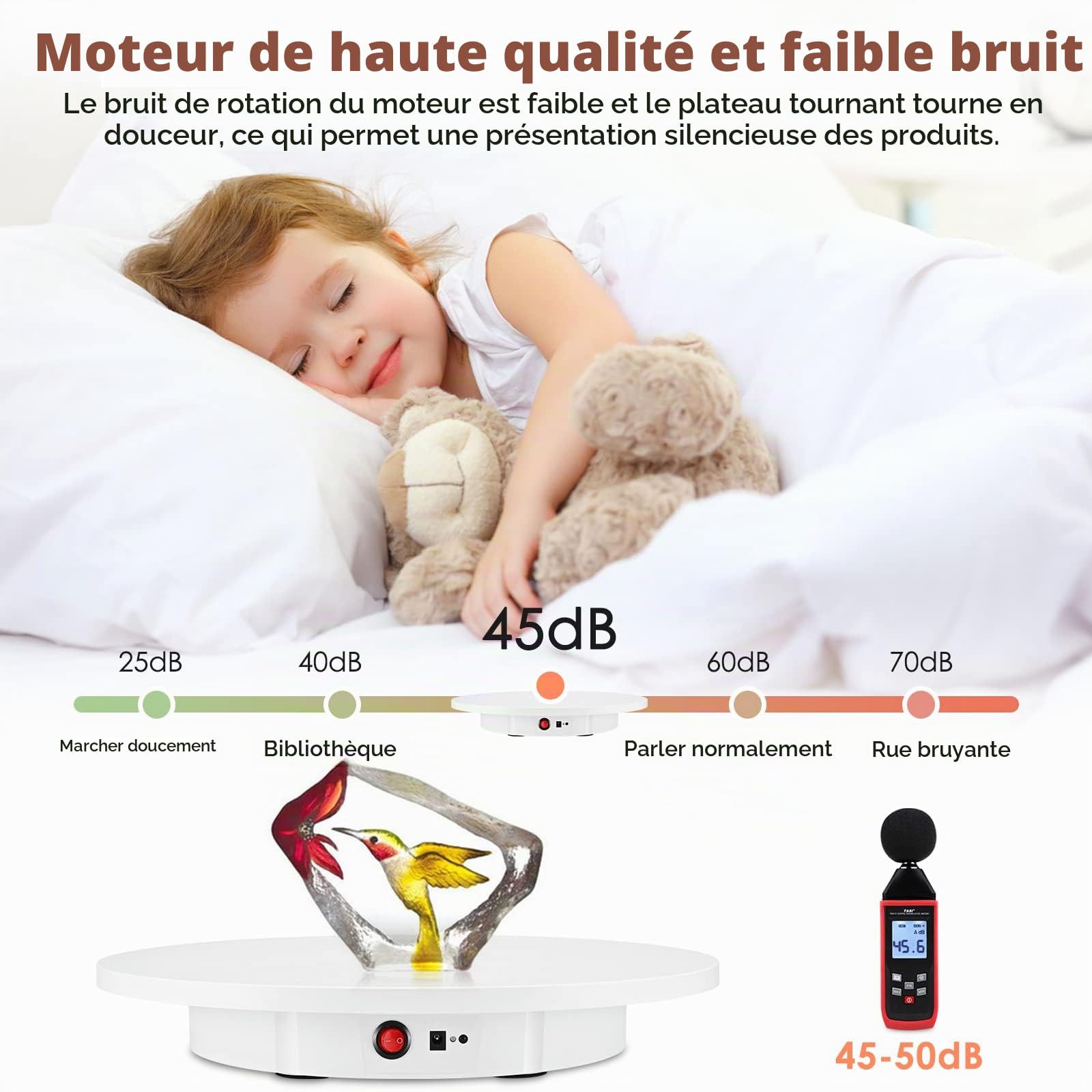 Plateau Tournant Électrique Aomdom, Table Rotative Rechargeable 360°, Vitesse Réglable Direction, Charge 100 kg, Diamètre 42 cm