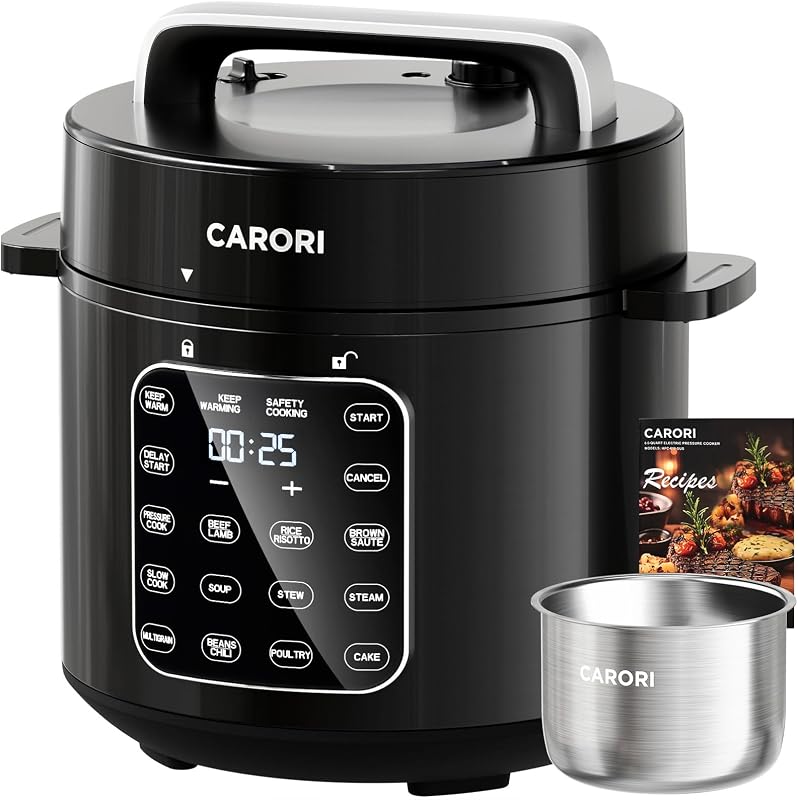 CARORI Olla a presión eléctrica 9 en 1 de 6 cuartos, 12 preajustes: comidas rápidas, ahorro de tiempo, cena saludable, presión de olla, envasadora eléctrica, electrodomésticos, pequeños electrodomésticos, (negro/SS)