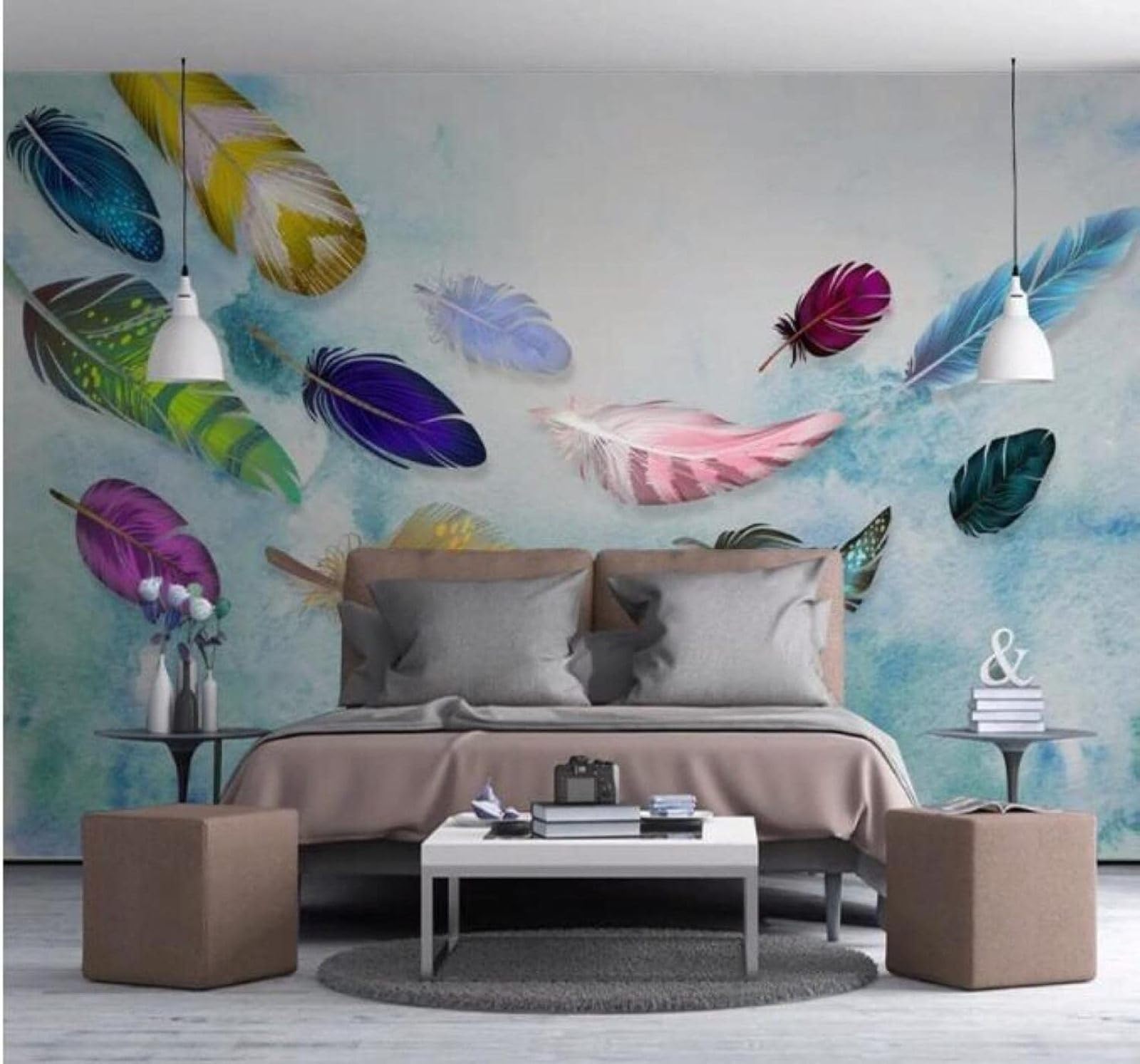 Xlming 250Cm×170Cm(B×H) Creative Hand Drawn Watercolour Colourful Feathers 3D Wallpaper Luxury Silk Study Dining Feature Sofa Grey Bedroom Living Room Tv Decorative Wall-250Cm×170Cm