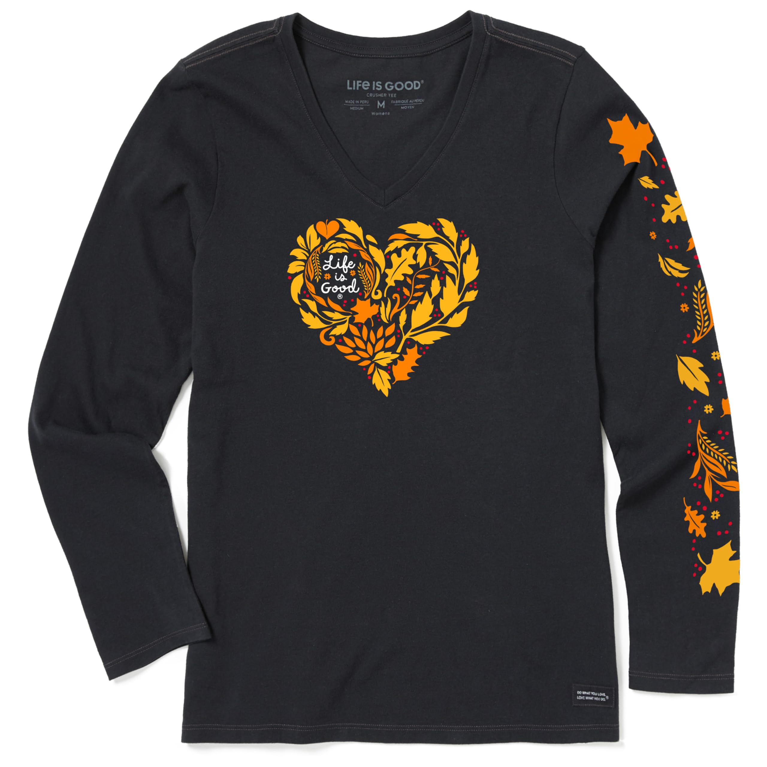Life Is Good Women's Crusher Tee Long Sleeve Cotton Graphic T-Shirts Fall Leafy Heart, Pale Black, X-Small