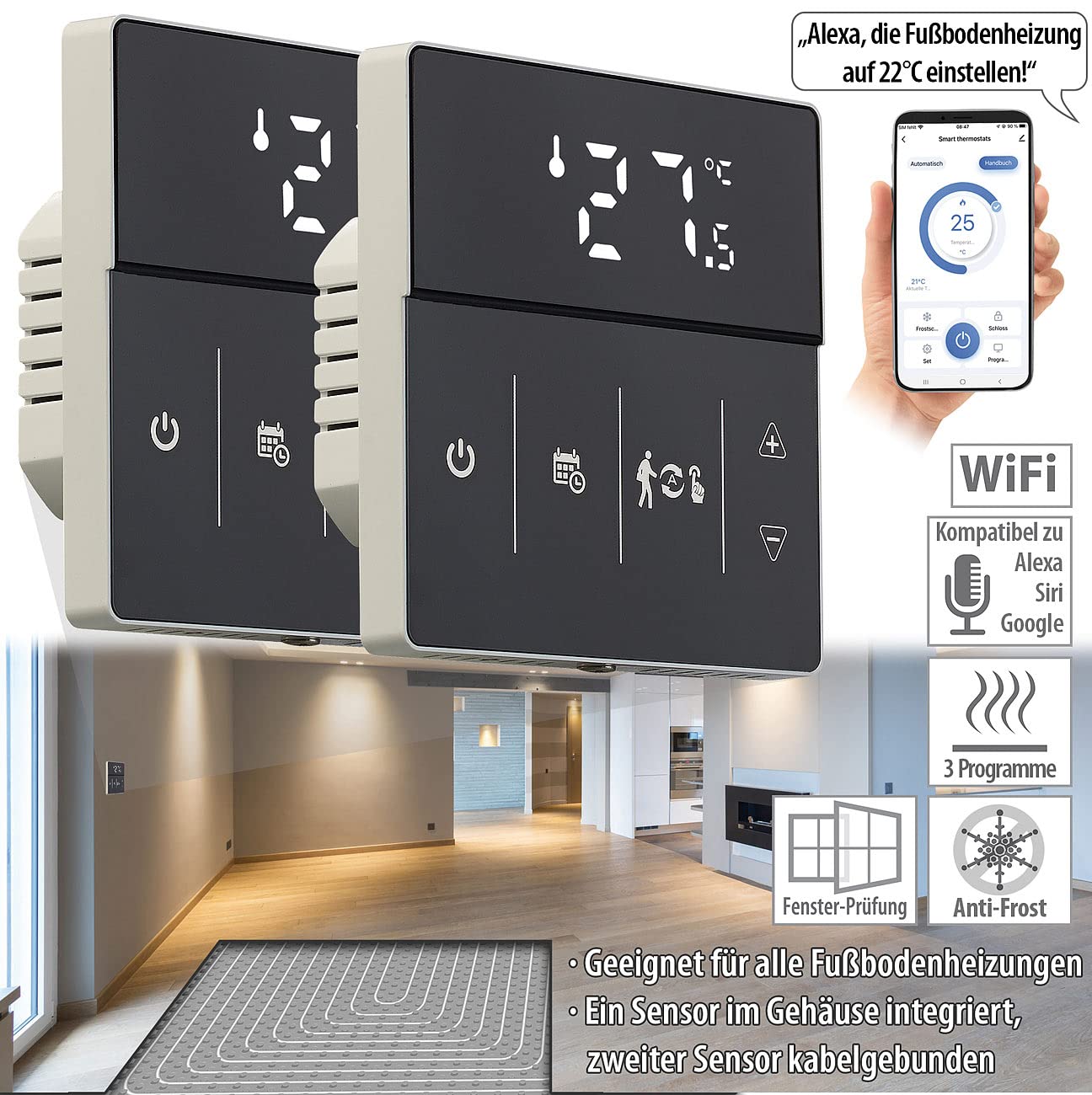 revolt termostati per ambienti wifi: set da 2 Termostati Wi-Fi per riscaldamento a pavimento, nero, compatibile con Siri, Alexa e Google Assistant, programmabile
