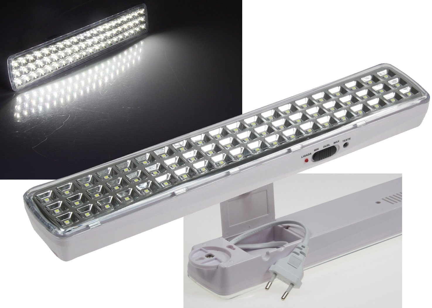 ChiliTec CTNL-60 Lampe de secours avec batterie pour jusqu'à 5 heures 230 V 60 LED SMD 230 V Allumage automatique en cas de panne de courant Éclairage d'urgence avec interrupteur Blanc