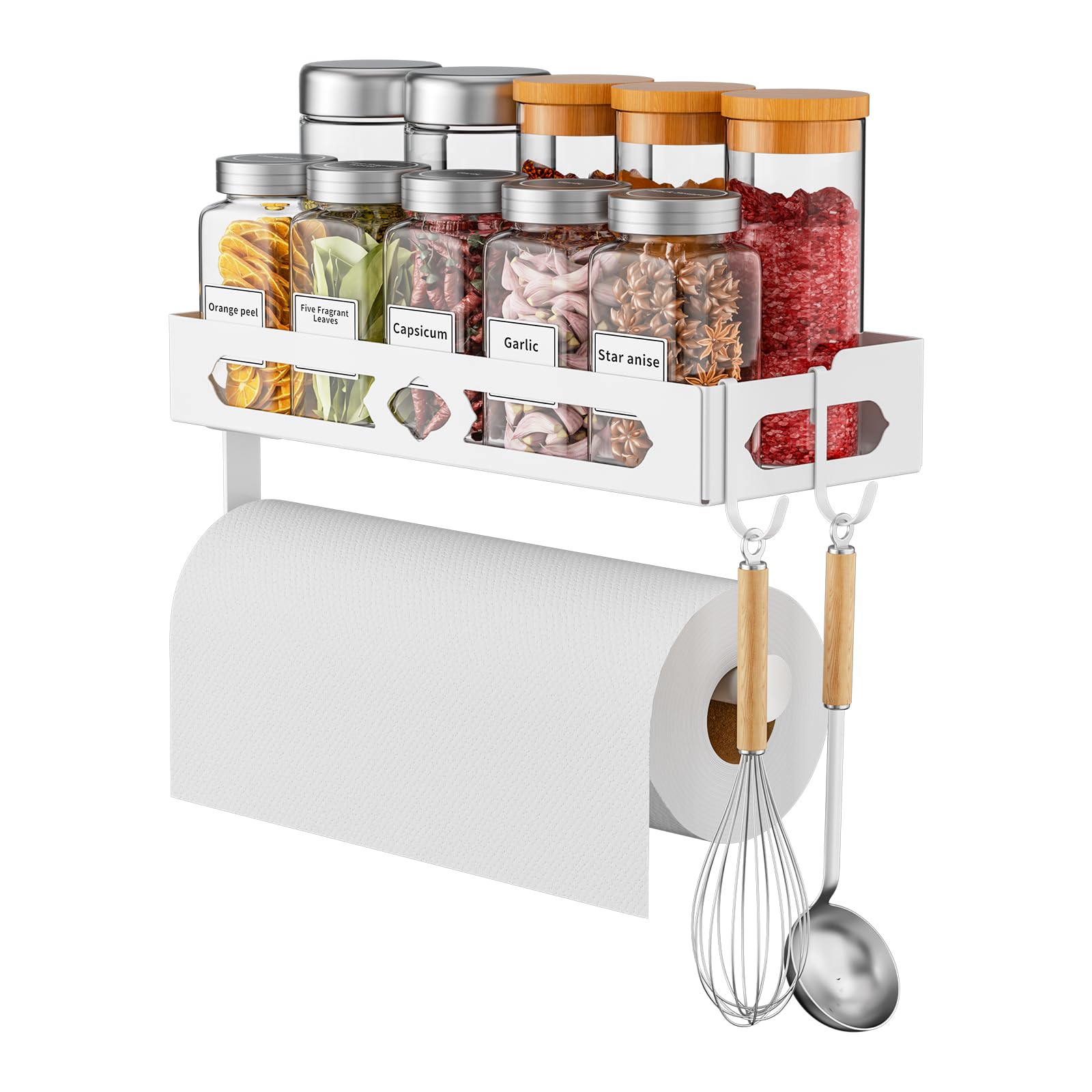 BOIVSHI Kitchen Roll Holder Without Drilling and Spice Rack Wall Kitchen Rack Wall with Hooks, Paper Towel Holder, Spice Organiser Storage White