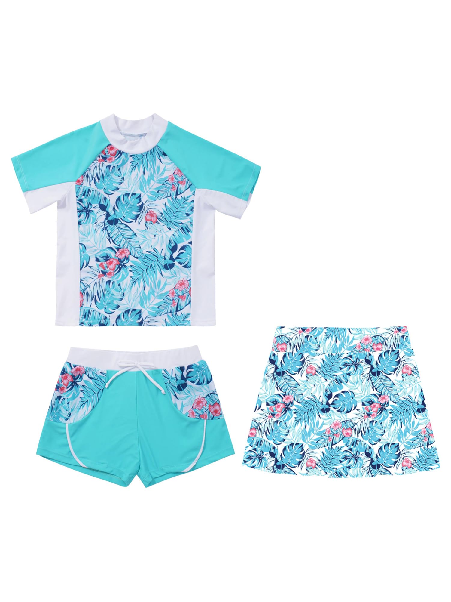 IEFIEL Traje de Baño Tres Piezas para Niñas Bañador Bikini con Falda o Short Bañador Hawaiano de Protección Solar Traje de Playa Secado Rápido 7-16 Años