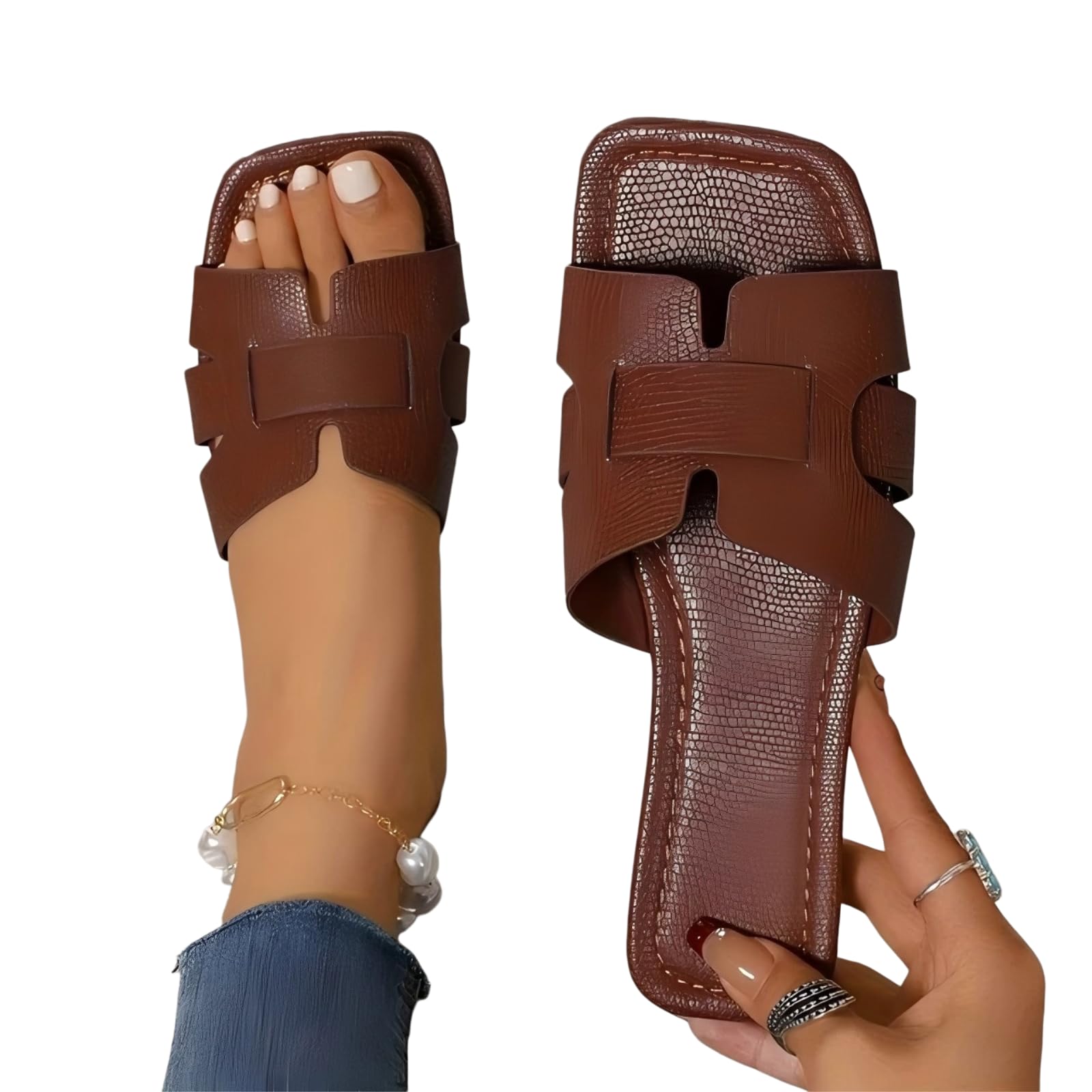 Sandales H Cutout pour pieds fatigués | Mules plates décontractées marron 38