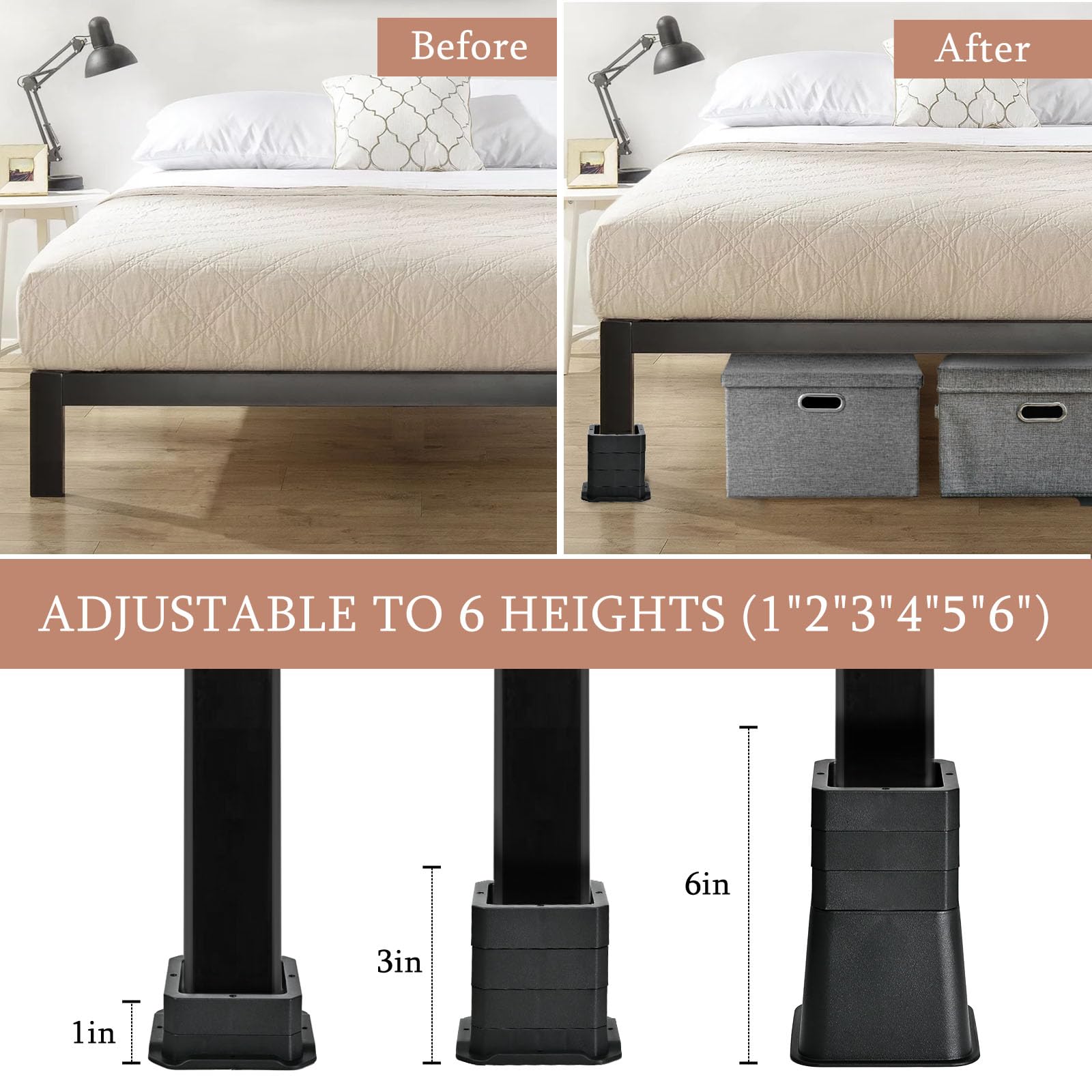 shouwuhho 20 rialzi regolabili per letto, 3, 7,5 o 15,2 cm, resistenti, alzate per mobili, elevazione in altezze 1, 2, 3, 4, 5, 15 cm, per divano, tavolo, sedia, sollevatori fino a 2,7 kg, nero