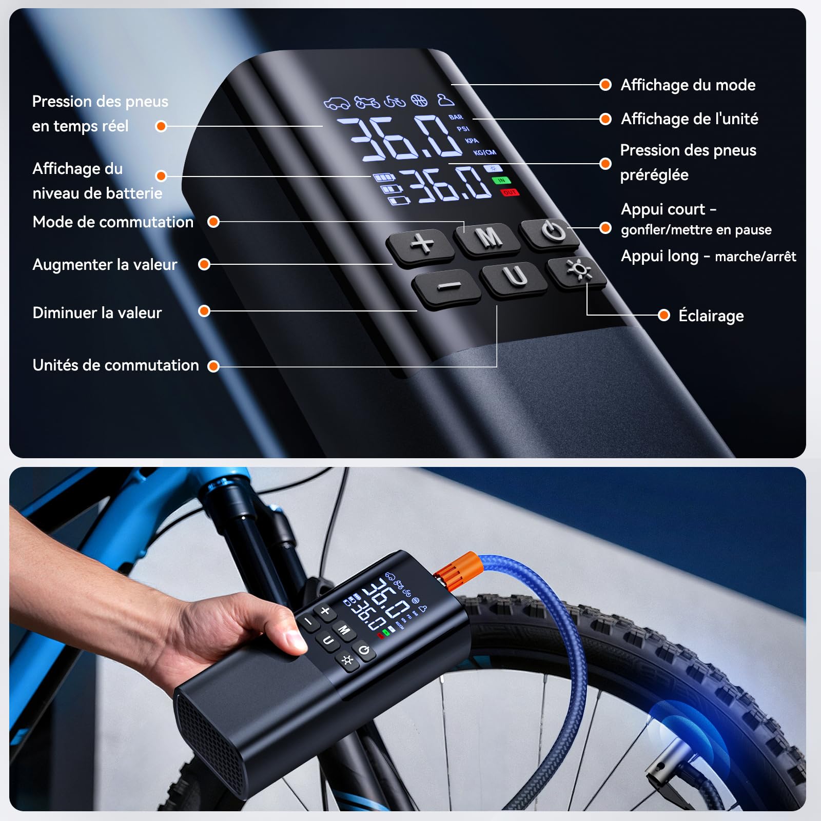 150PSI Mini Compresseur à Air Portatif, 7200mAh Gonfleur Pneus Voiture sans Fil, Gonfleur Electrique pour Vélo, Voiture,Moto, Balles, avec Lumière LED, Inflation Rapide, Arrêt Automatique