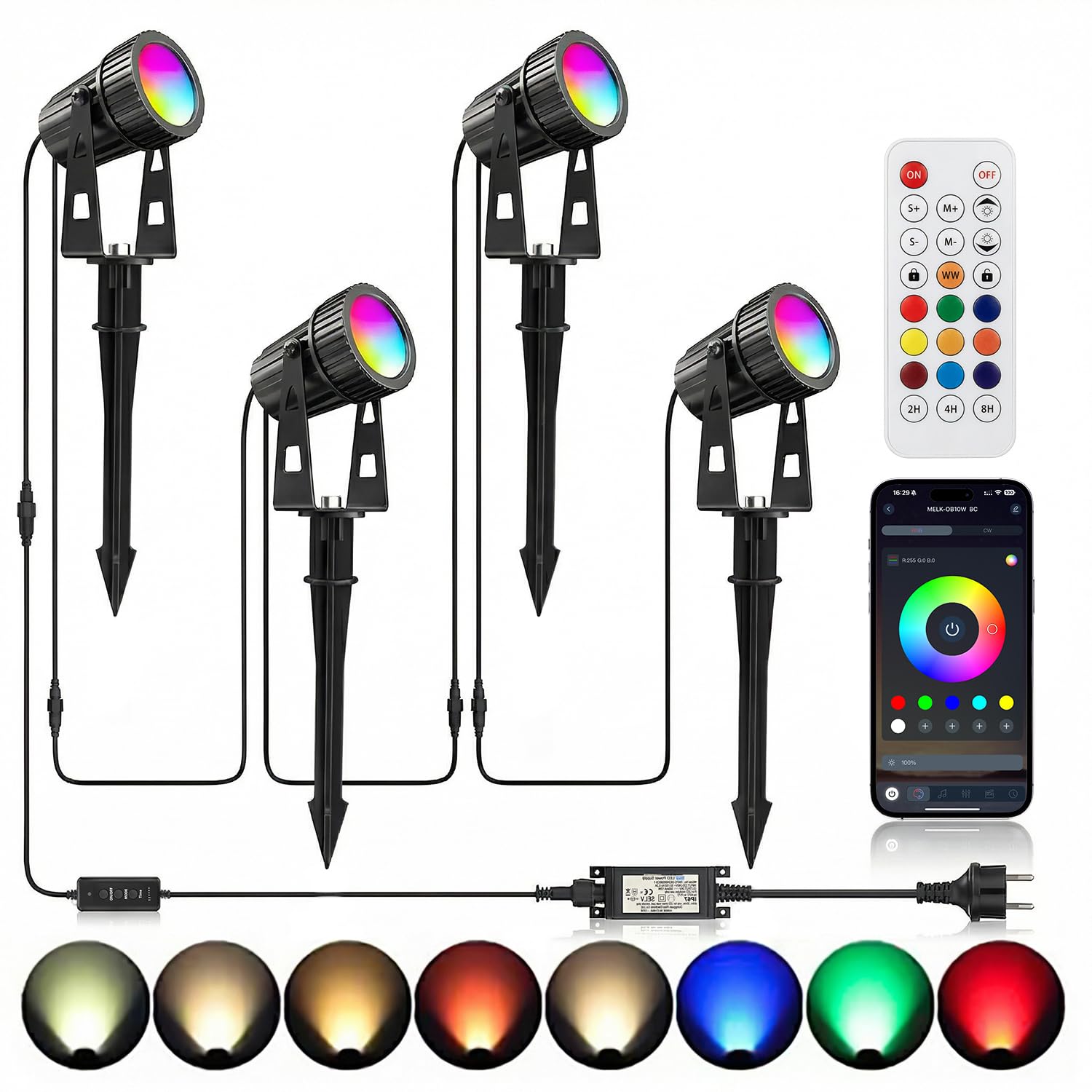 4er Gartenleuchte LED 24V 12W Gartenstrahler RGBW mit Bluetooth APP Timer, LED Gartenbeleuchtung RGB+Warmweiß mit Erdspieß mit Fernbedienung IP65 Wasserdicht für Außen Garten Rasen