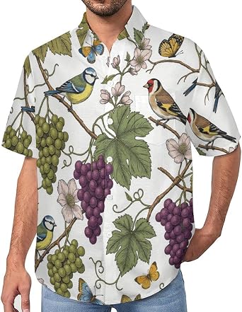 Men's Short Sleeve Hawaiian Shirt, Vintage Illustration Birds Grapes Print, Button Down, Regular Fit, Hawaiian Fancy Shirts for Casual Wear, Golf, Beach Holiday