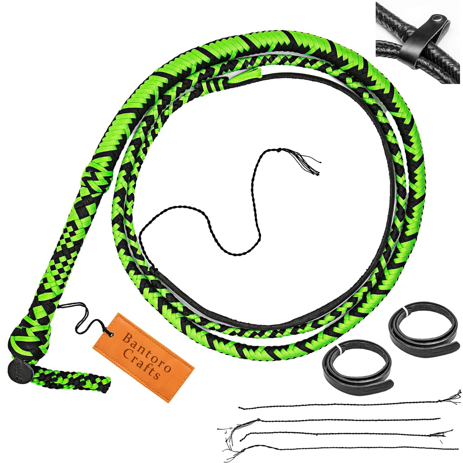 Bantoro Crafts 16 Plait Paracord/Nylon Performance Bullwhip with Reinforced Core Handle Multiple Sizes (Green & Black, 4 feet (1.21 meter))
