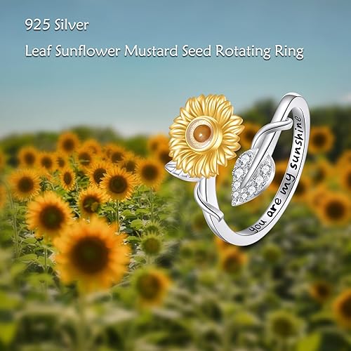 Miniatura 2 de AOBOCO Anillo de girasol para mujer, plata de ley, luna y hermanas de copo de nieve, anillos giratorios para ansiedad, anillo de rosa negra