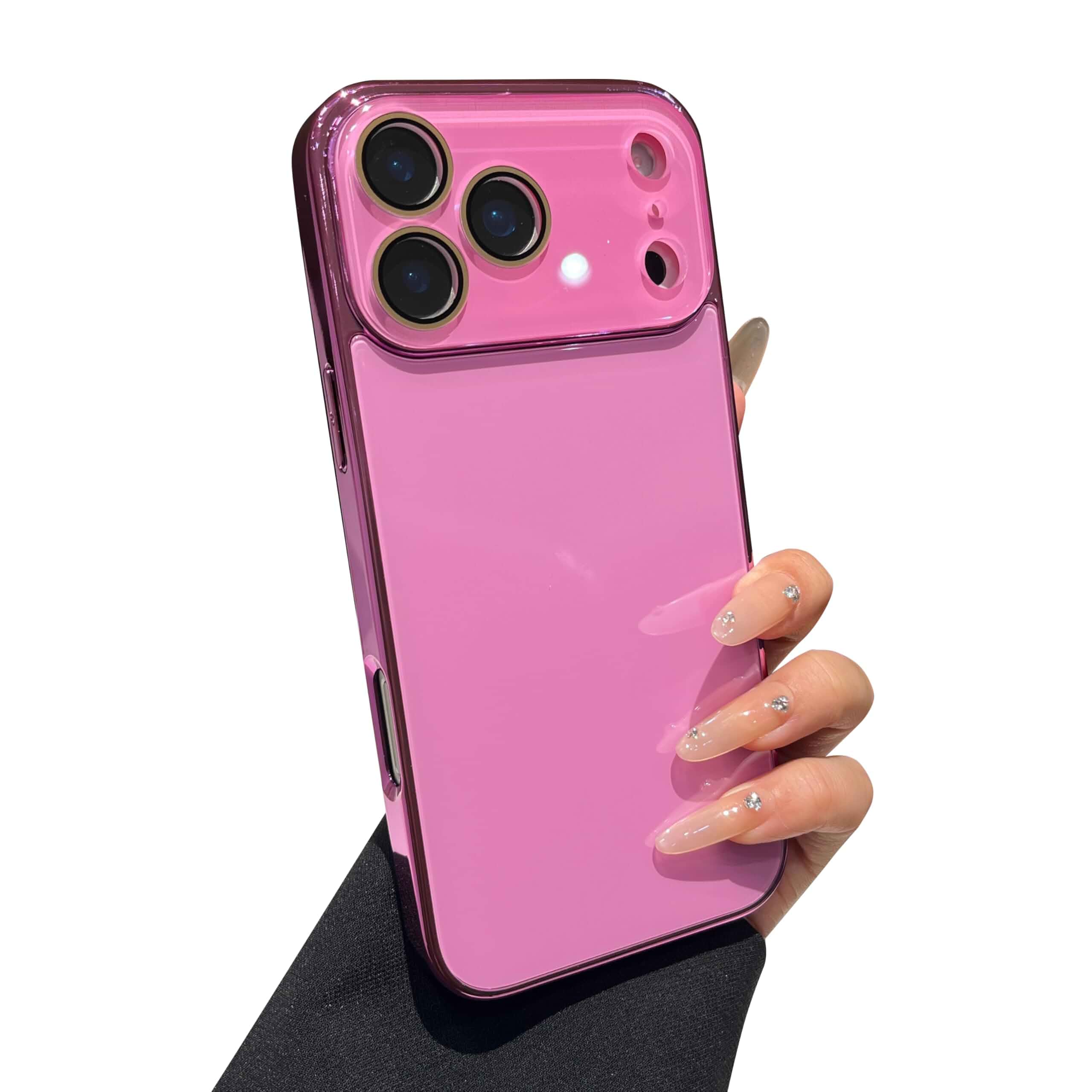 Caseative for iPhone 15 Pro Max Case, Hot Pink Solid Color Electroplated Frame with Crystal Camera Lens Protection
