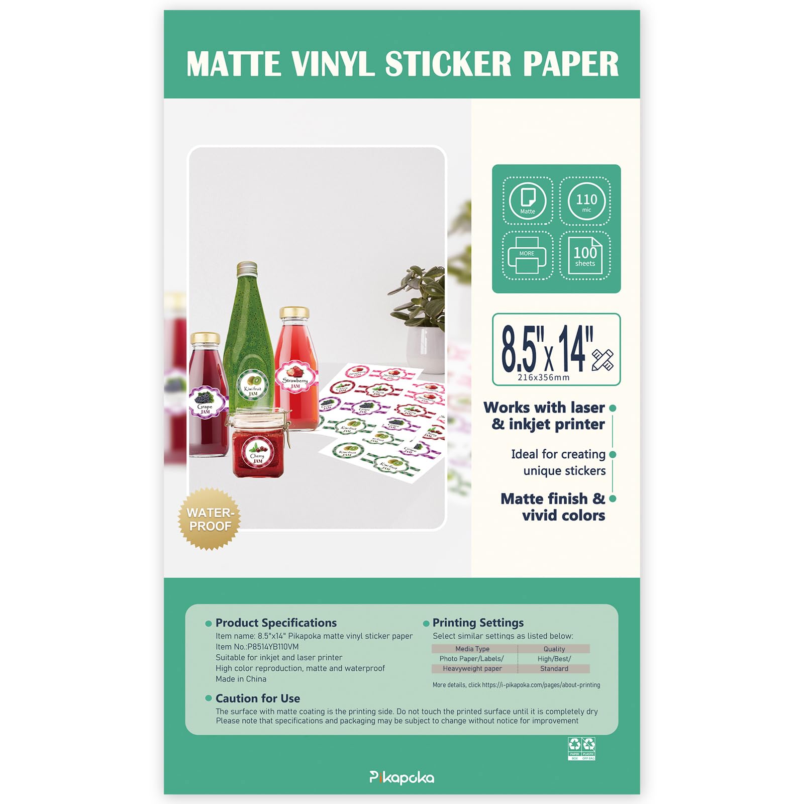 8.5x14 Removable Self-adhesive Vinyl Sticker Paper, Waterproof, Legal Size, Suitable for Laser and Inkjet Printer, Matte White, 100 Pack