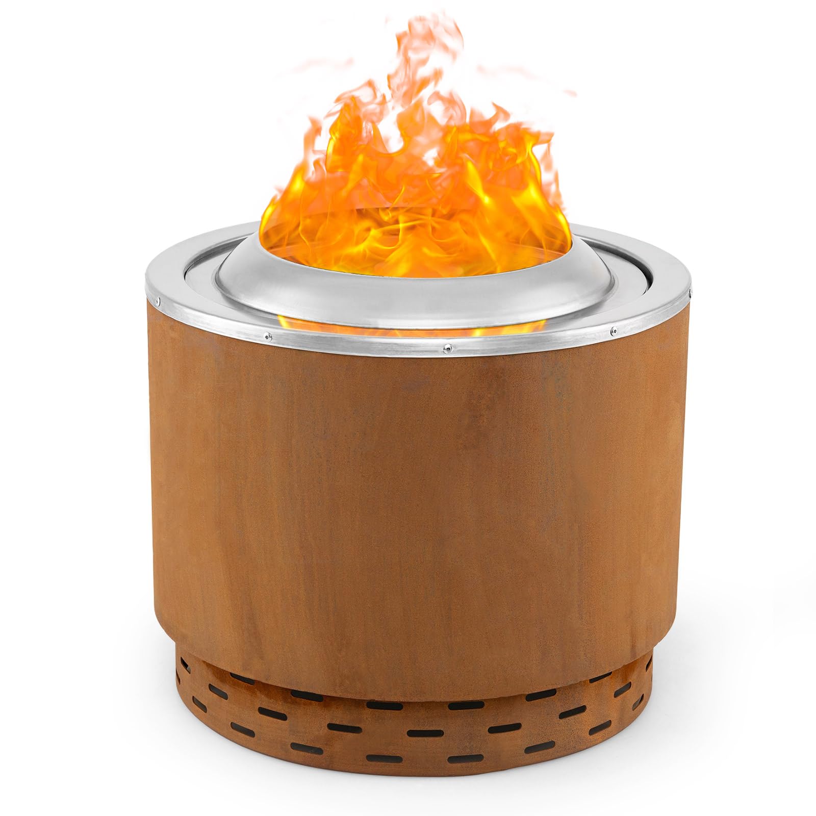 COSTWAY Smokeless Fire Pit, 49 x 43cm Portable Stainless Steel Wood Burning Firepit with Waterproof Cover & Oxygen-enriched Fire Technology, Outdoor Stove Bonfire Firepit Bowl (Brown)