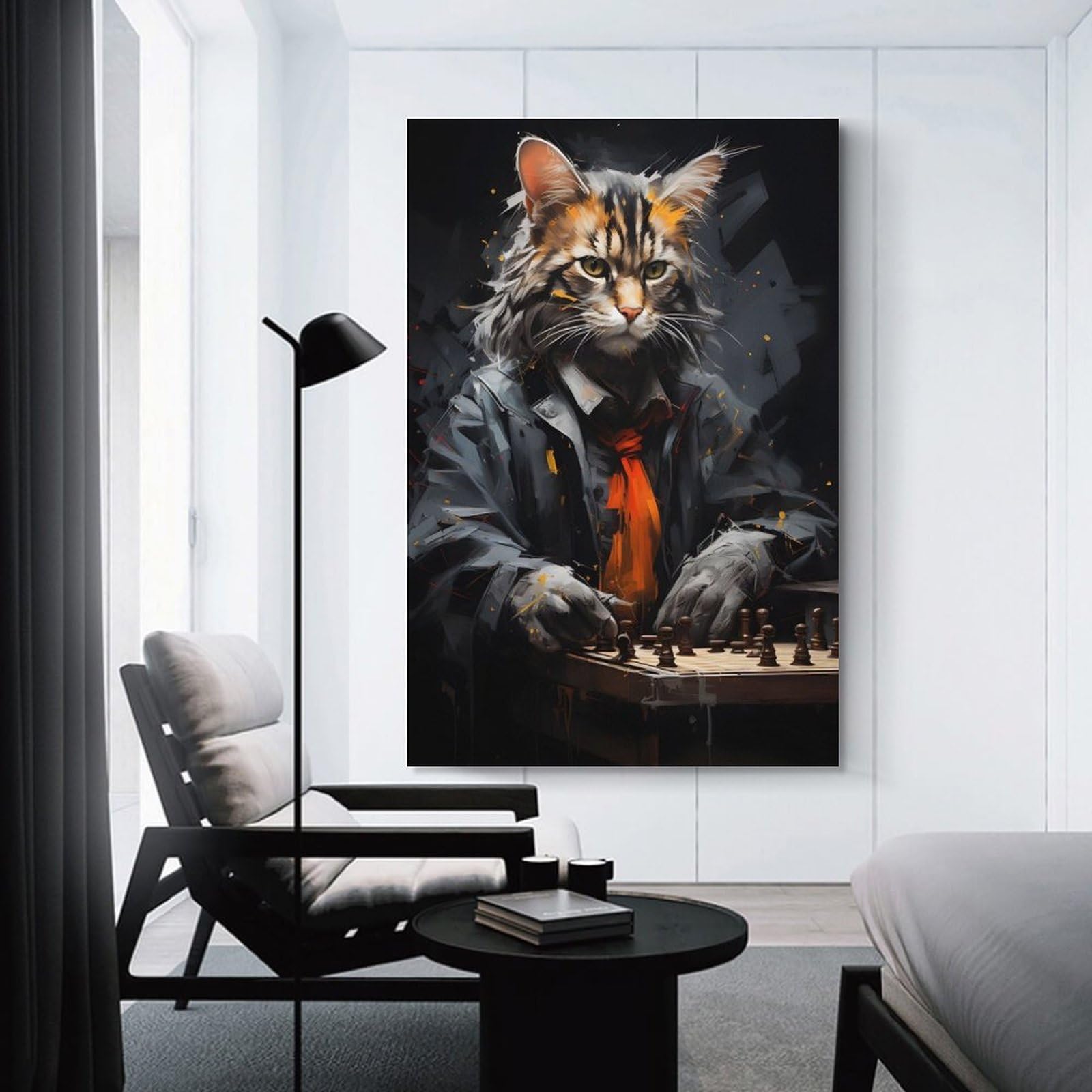 Junmoney Wall Art Print Cat Playing Chess Painting, 24x36inch(60x90cm), for Home Lounge, Bedroom Or Reading Nook, Modern Wall Decor for Cosy Interiors