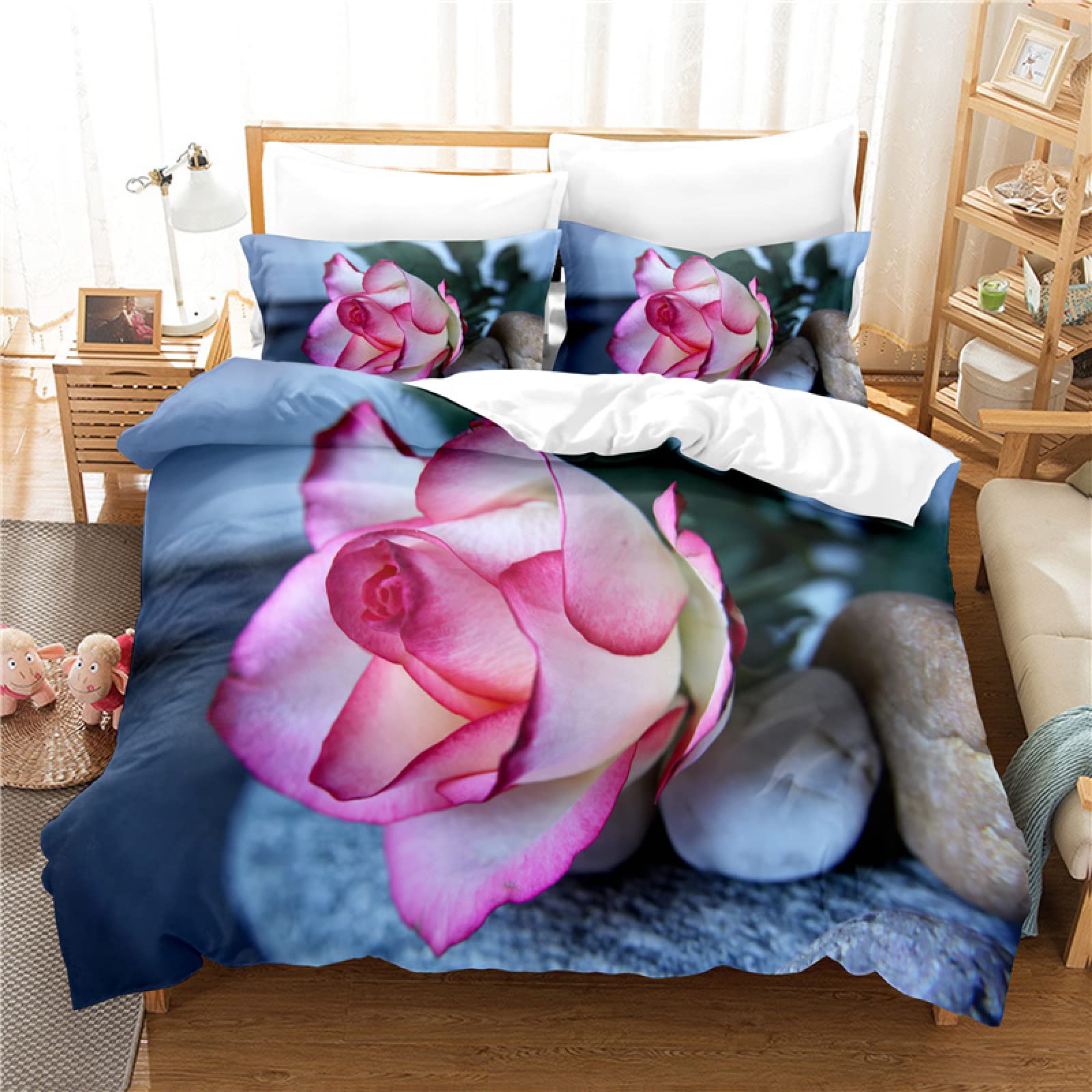Parure de lit 90x190 enfant microfibre sans repassage housse de couette douce lotus bleu