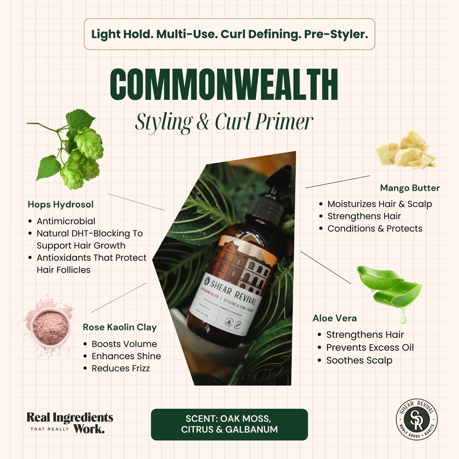 Shear Revival Commonwealth Styling & Curl Primer for Men & Women - Vegan, Natural Finish, Lightweight, Curl Defining Cream, Prestyler, Leave-In Conditioner, Mandarin, Oakmoss & Galbanum Scent, 3.4oz
