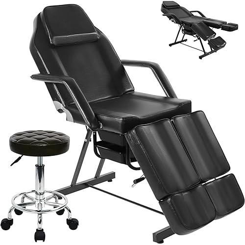 Tattoo Chair for Client, Facial Bed Esthetician Massage Headrest Table with Rolling Stool, Split Legs Design, Professional Beauty Lash Bed for Salon Spa Barber Massage Equipment, Black