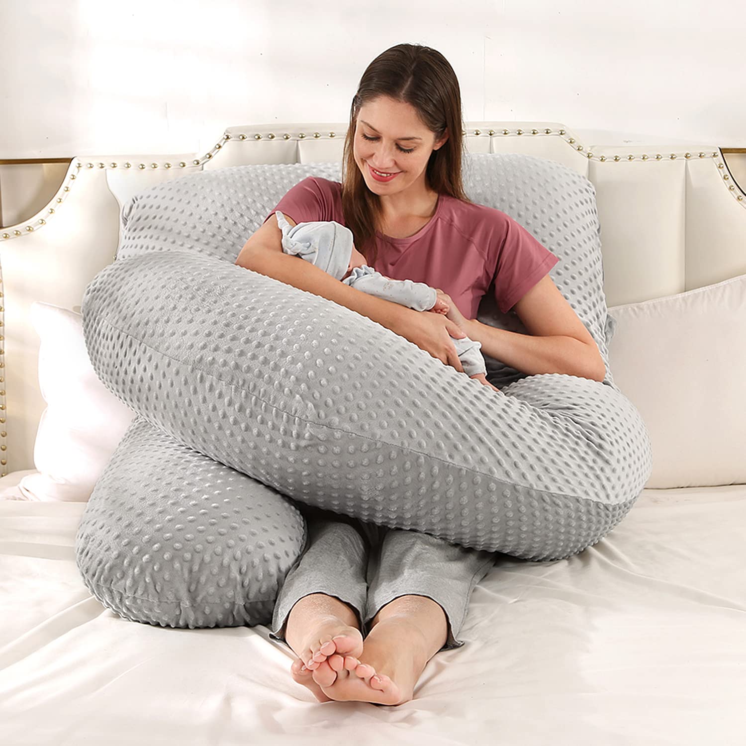 Elover Coussin de grossesse en forme de U pour femme enceinte avec housse en velours remplaçable et lavable, taille 152,4 cm (gris clair, velours)
