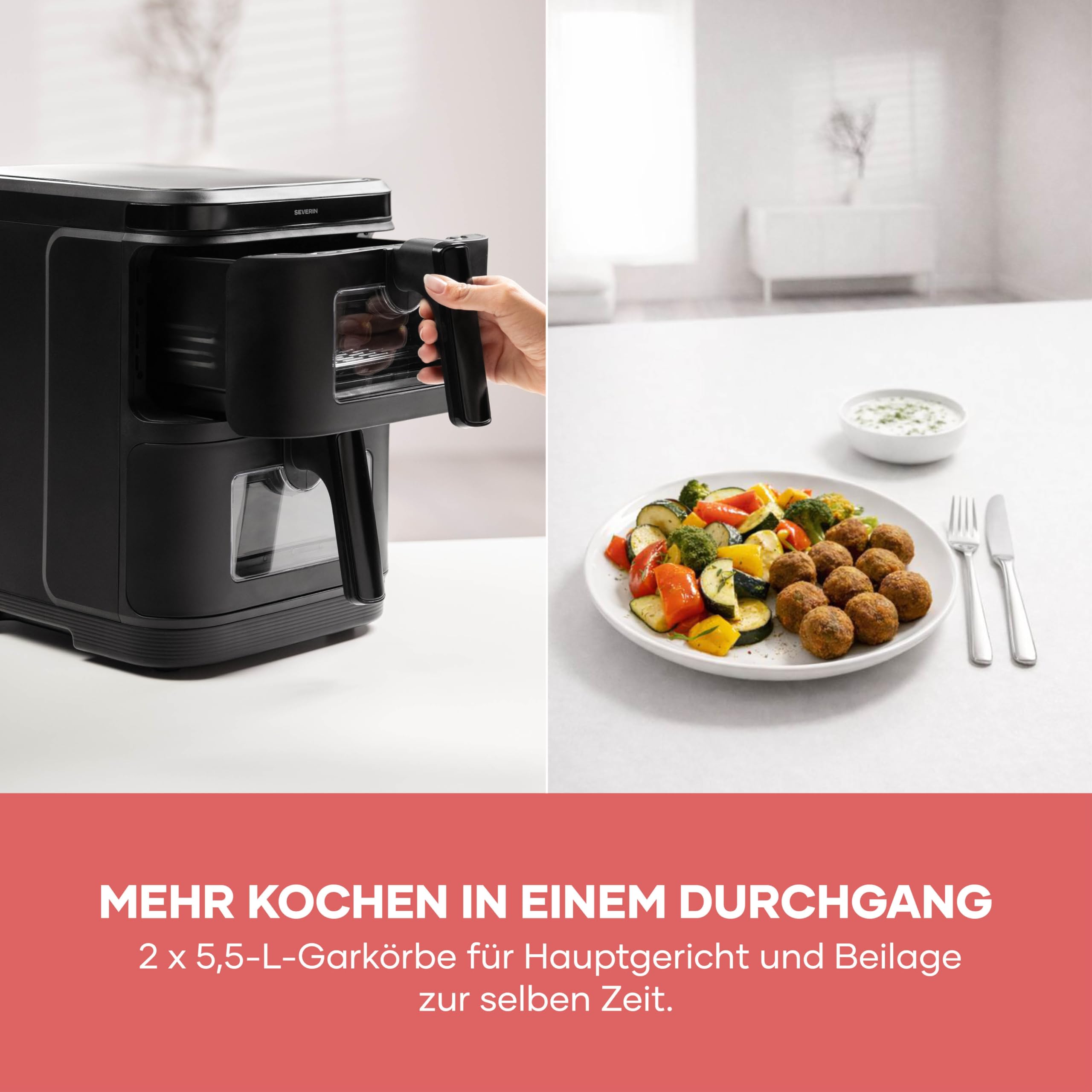 Severin Duo Stack Heißluftfritteuse, 2 x 5,5 L Garraum, 2 Kammern, gesundes Kochen, 9 Automatik-Programme, Fritteuse ohne Fett, platzsparendes Design, doppelstöckig, S-Fry, 2800 W, schwarz, FR 9598