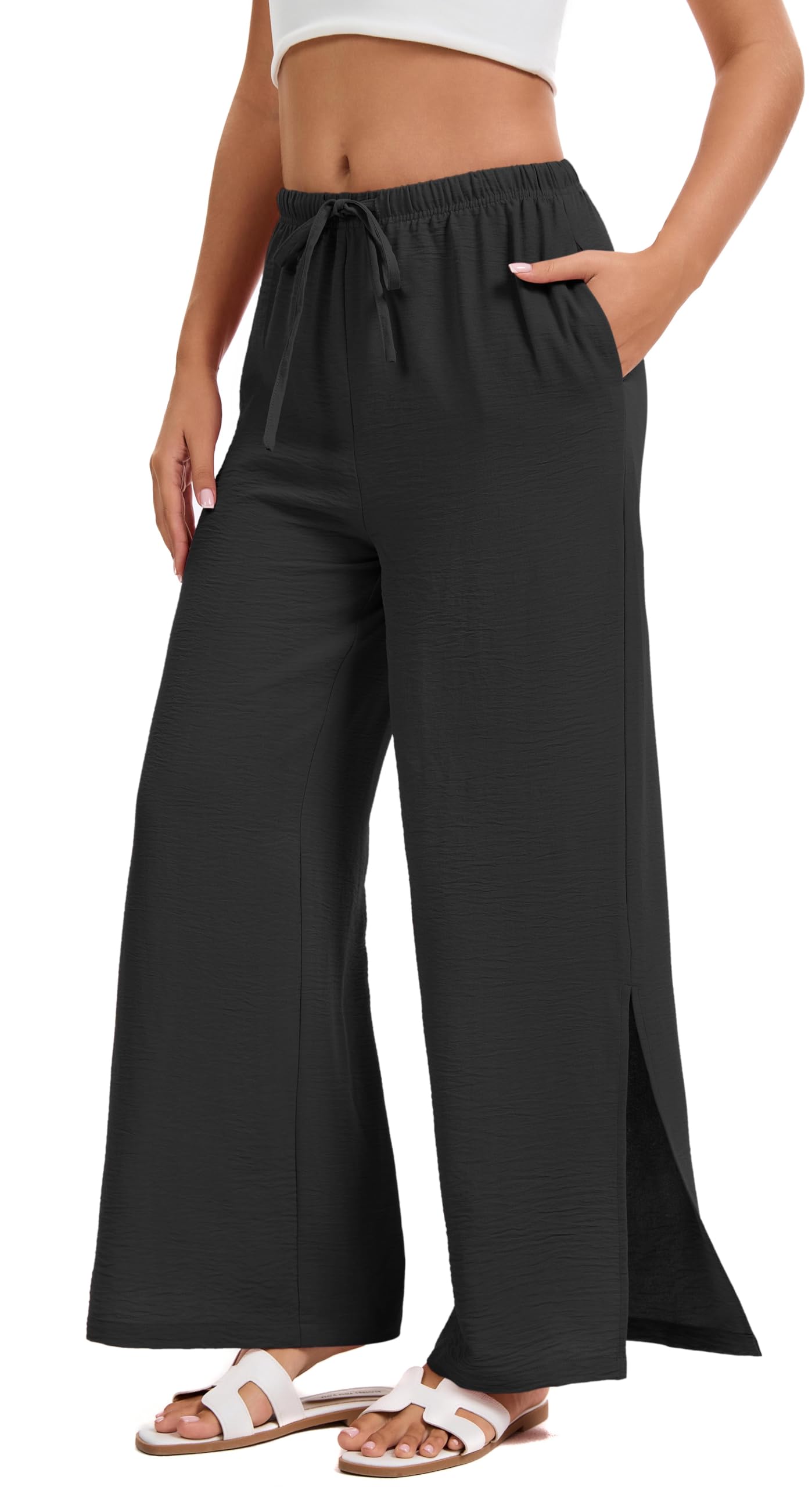 WUWUSK Yoga Stoffhose Damen Leichtweite Palazzo Hose High Waiste Strandhose Mit Kordelzug