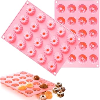 KEELYY Pack of 2 Mini Bundt Cake Moulds Silicone Bundt Cake Mould Small Savarin Mould Silicone Reusable Muffin Cases 29 x 19.5 x 2.2 cm