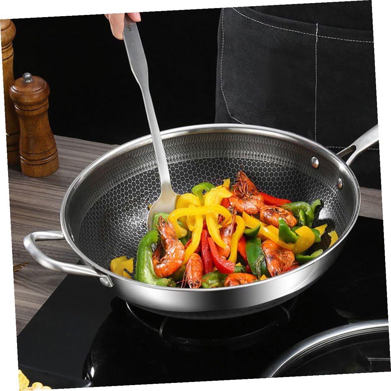 Edelstahl Wokpfanne mit Wabenstruktur, Silber, für Gas und Elektroherd | Haushalts Bratpfanne, zum Braten von Fleisch und Gemüse, Einfach zu Reinigen, Schlichtes Design