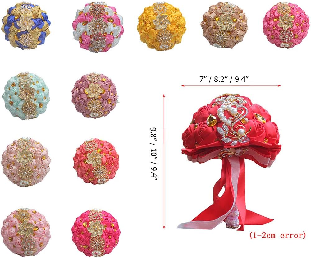 Brooch Bouquet 7" Bride Bridesmaid Satin Rose Wedding Bouquet w/Gold Crystal Brooches Custom-Made Artificial Floral Bouquet Centerpiece Arrangement, Robin Egg Blue White Bouquet