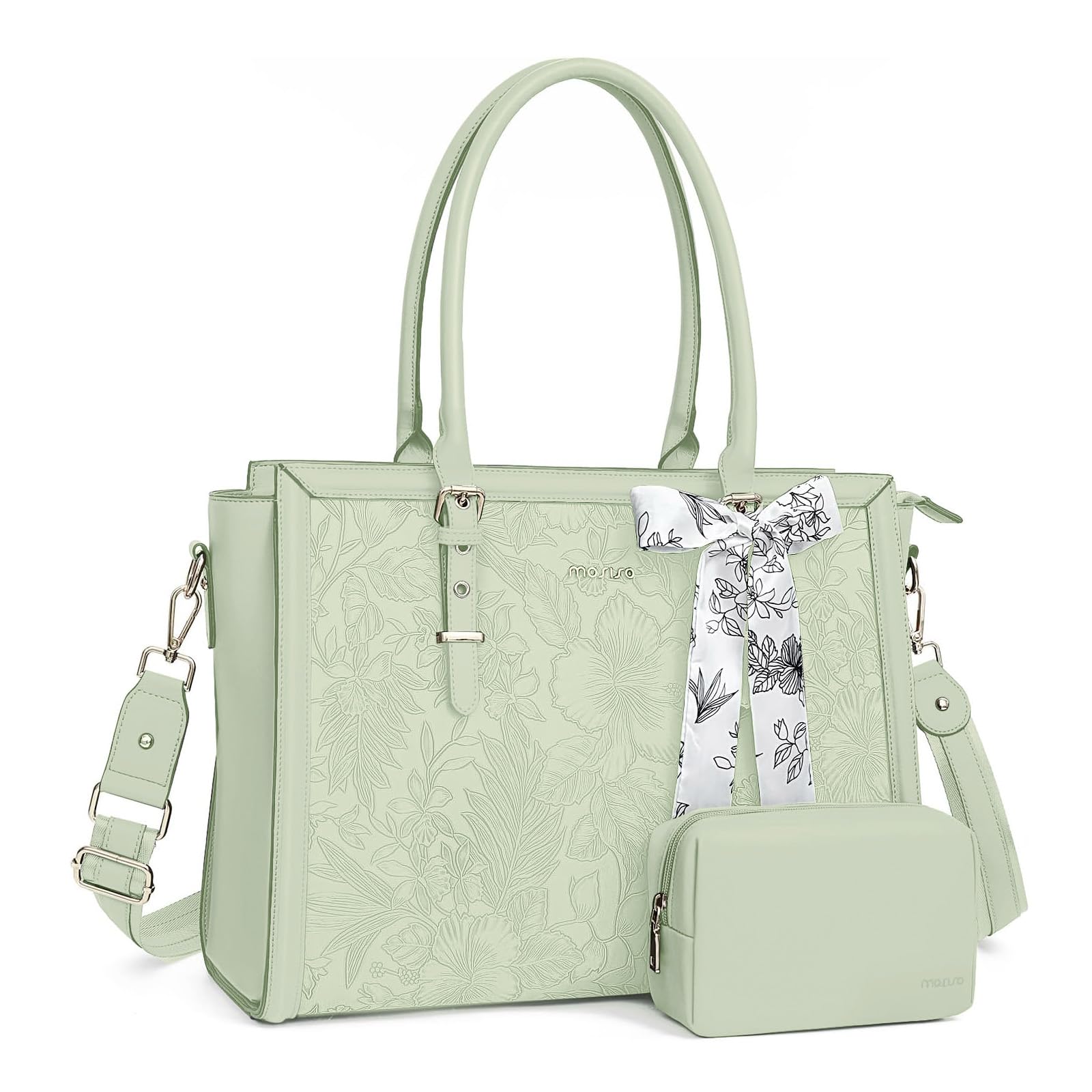 MOSISO 17,3 Pulgadas PU Maletin Portatil de Mujer, Compatible con MacBook | /HP,Dell,Asus Notebook,Frente Relieve Retro Hibiscus Oficina Ordenador Bolsa con Seda Pañuelo&Monedero,Verde Salvia