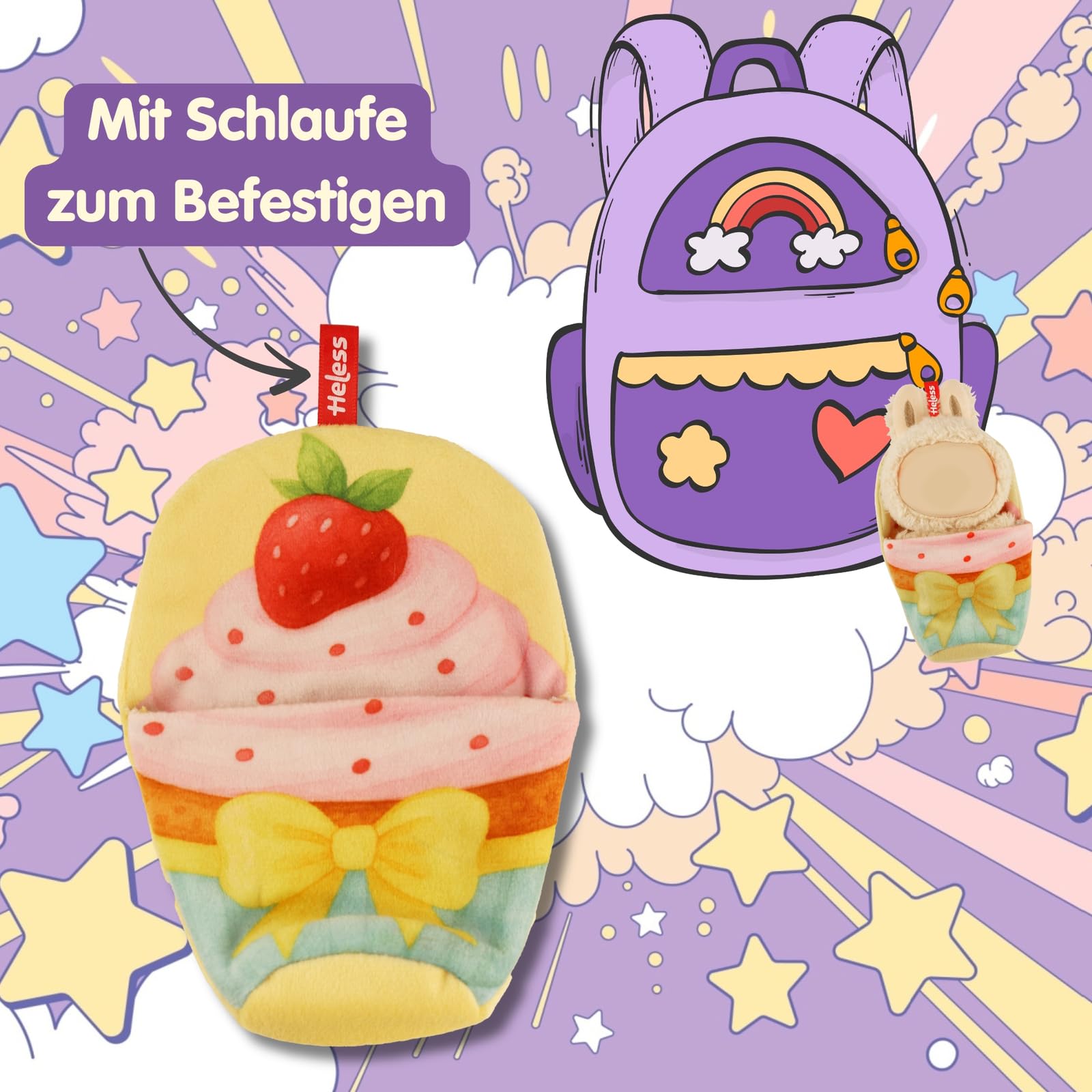 Heless Monster Styles 7524 - Saco de Dormir para muñecas con diseño de Cupcake con Fresa, con Lazo, Set Kawaii para Monstruos de 15 cm