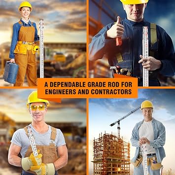 GEOLENI Aluminum Grade Rod - 8ths, with Carrying Case and Rod Level (9 Foot), 1mm Thick, 42 inches Tall When Collapsed, Inch Scale at Back and Front