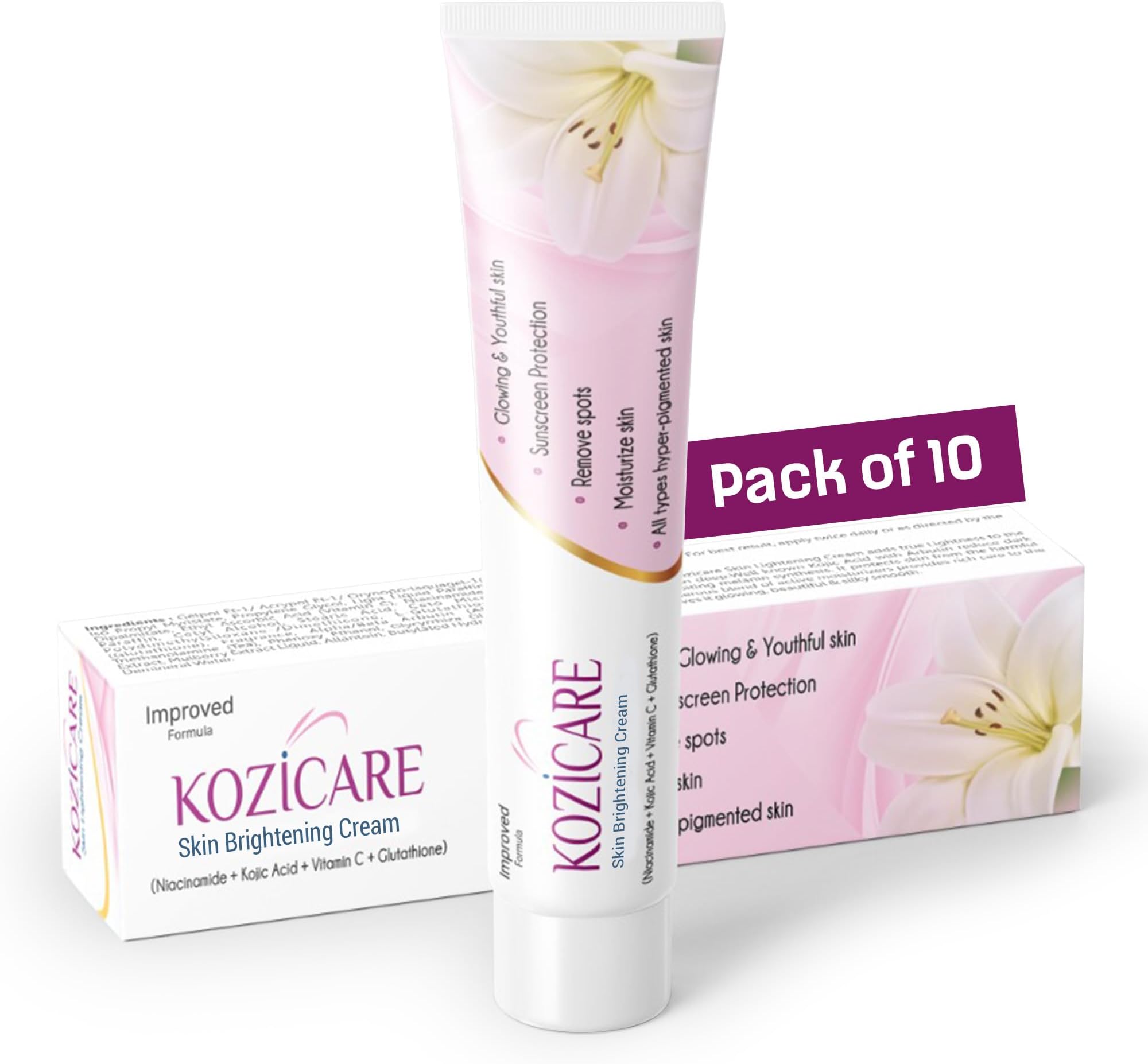 Skin Lightening Cream - 15gm (Pack of 10)| Enriched with Kojic Acid, Alpha Arbutin, Glutathione, Niacinamide and Vitamin C | Best for Melasma, Pigmentation, Acne Scars, Dark/Age Spots