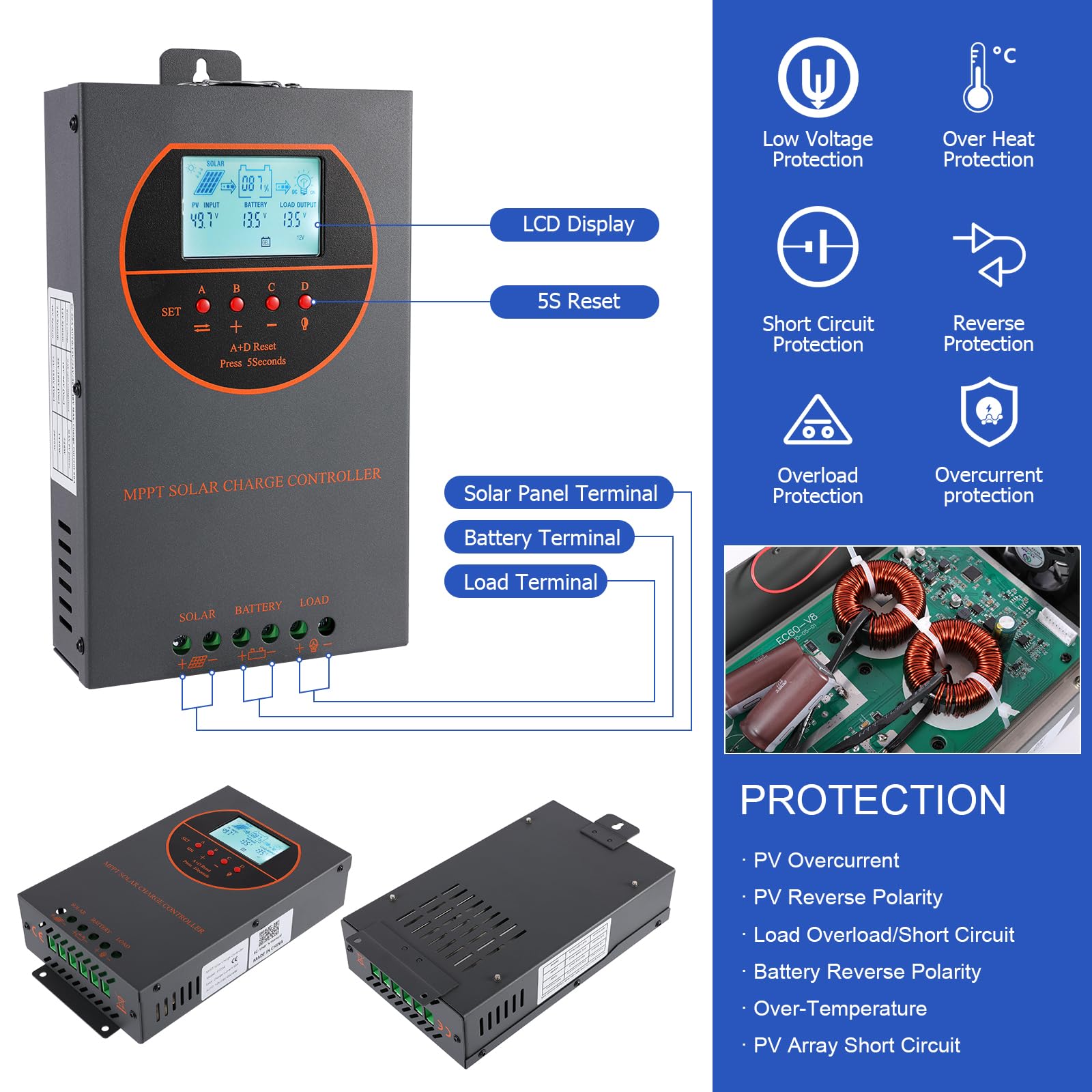 MPPT 60A Solarladeregler 48V 36V 24V 12V Auto Max 160V DC Eingangssolarregler mit LCD Display , Funktioniert für Sealed, Gel, Flooded und Lithium.