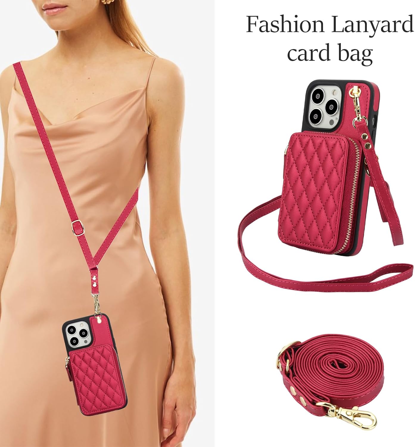 Phone Case for iPhone 13 Pro 6.1 inch Wallet Cell Cover with Tempered Glass Screen Protector Wrist Crossbody Strap RFID Blocking Card Holder iPhone13Pro 5G i i-Phone i13 iPhone13 13Pro Women Girls Red