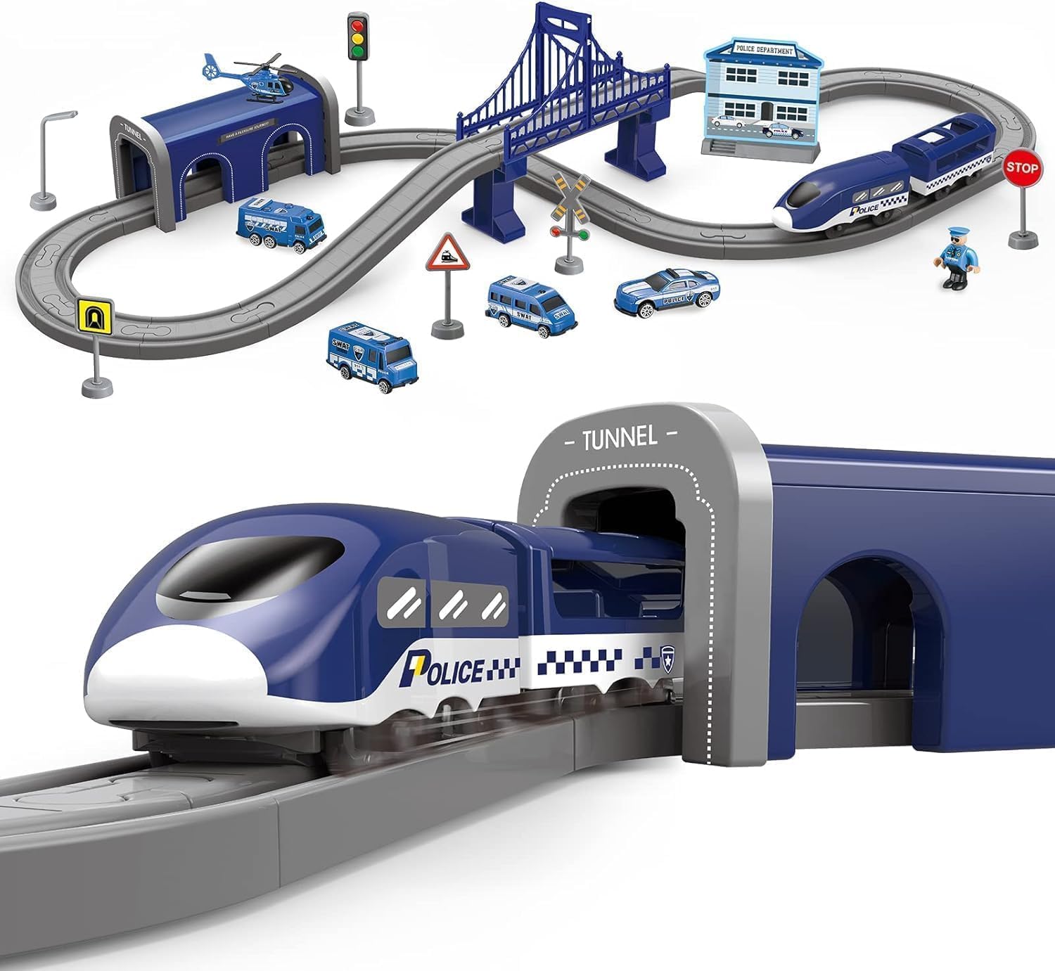 Wdmiya Ferrocarril eléctrico para niños 3 4 5 6 7 8 años, sistema de carril flexible con 66 piezas, vehículos de construcción y nave espacial, juego de carreras creativo para niños y niñas (66
