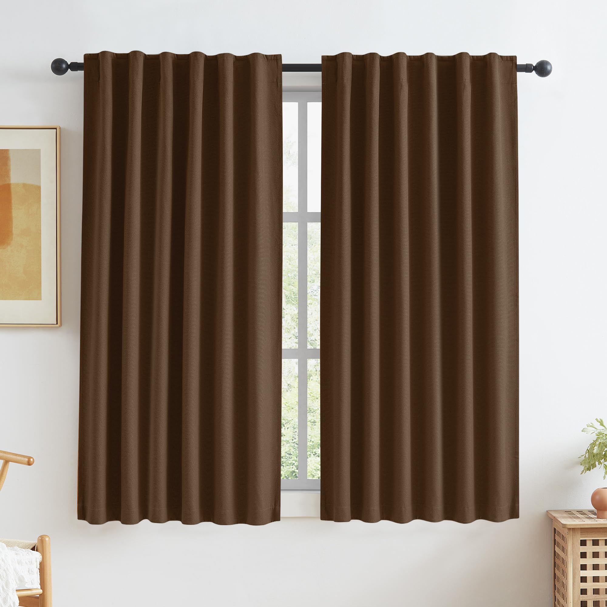 KEQIAOSUOCAI Cocoa Brown Linen Blackout Curtains Back Tab Rod Pocket Hook Belt Privacy Assured Light Bloacking Window Curtains for Bedroom Bathroom W50 x L63 Inch 2 Panels Set Dark Chocolate Brown — image 1