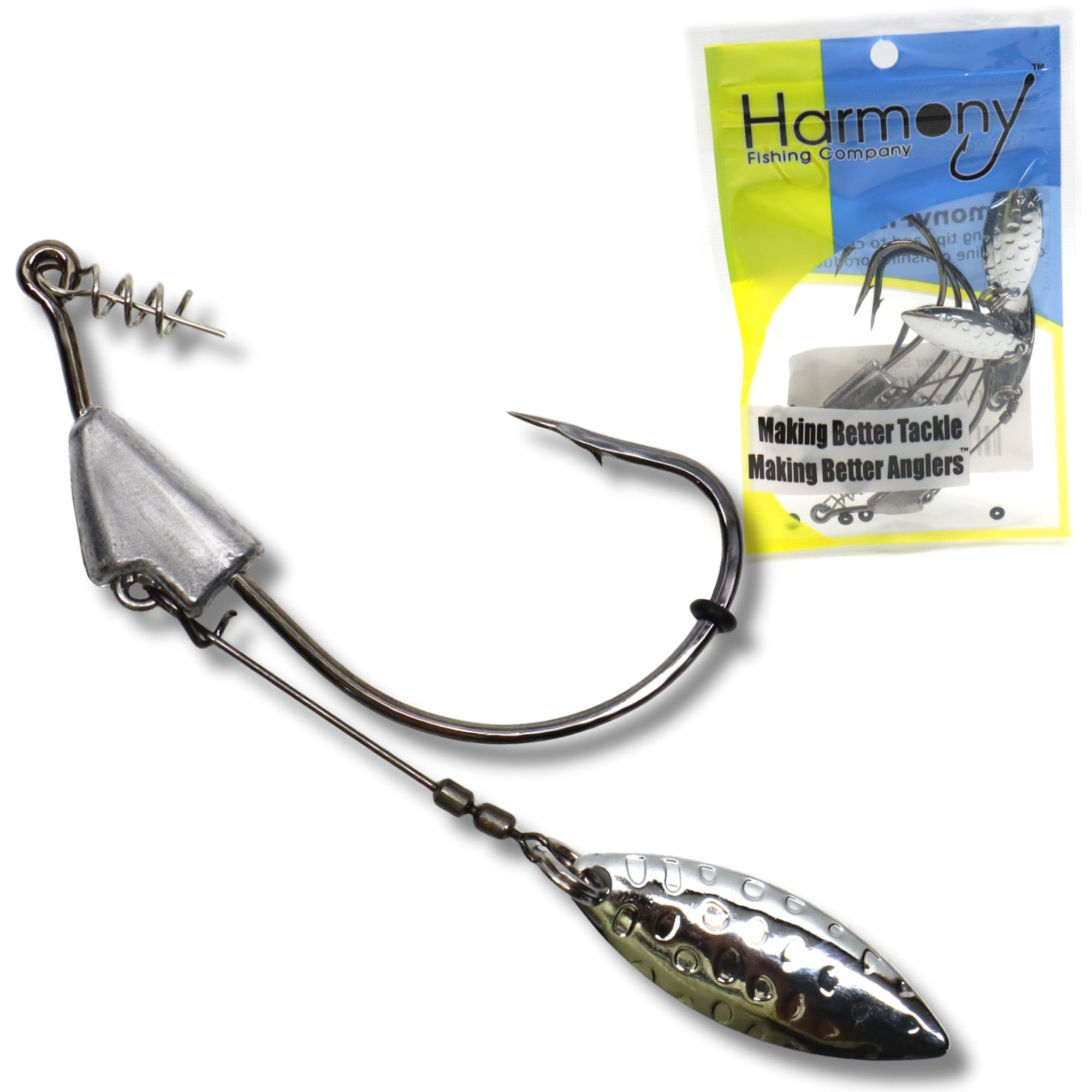 Harmony Fishing - Razor Series Underspin Swimbait Hooks (4 Pack w/ 5 Bait Pegs) - Weighted Weedless Swimmer Hooks with Flashy Willow Spinner Blades