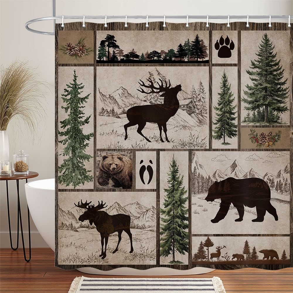 Rustic Cabin Shower Curtain Farmhouse Bathroom Decor, Country Black Bear Deer Moose Forest Woodland Shower Curtain Set, Hunting Cabin Fabric Shower Curtain Bathroom Accessories with 12PCS Hooks, 70X75