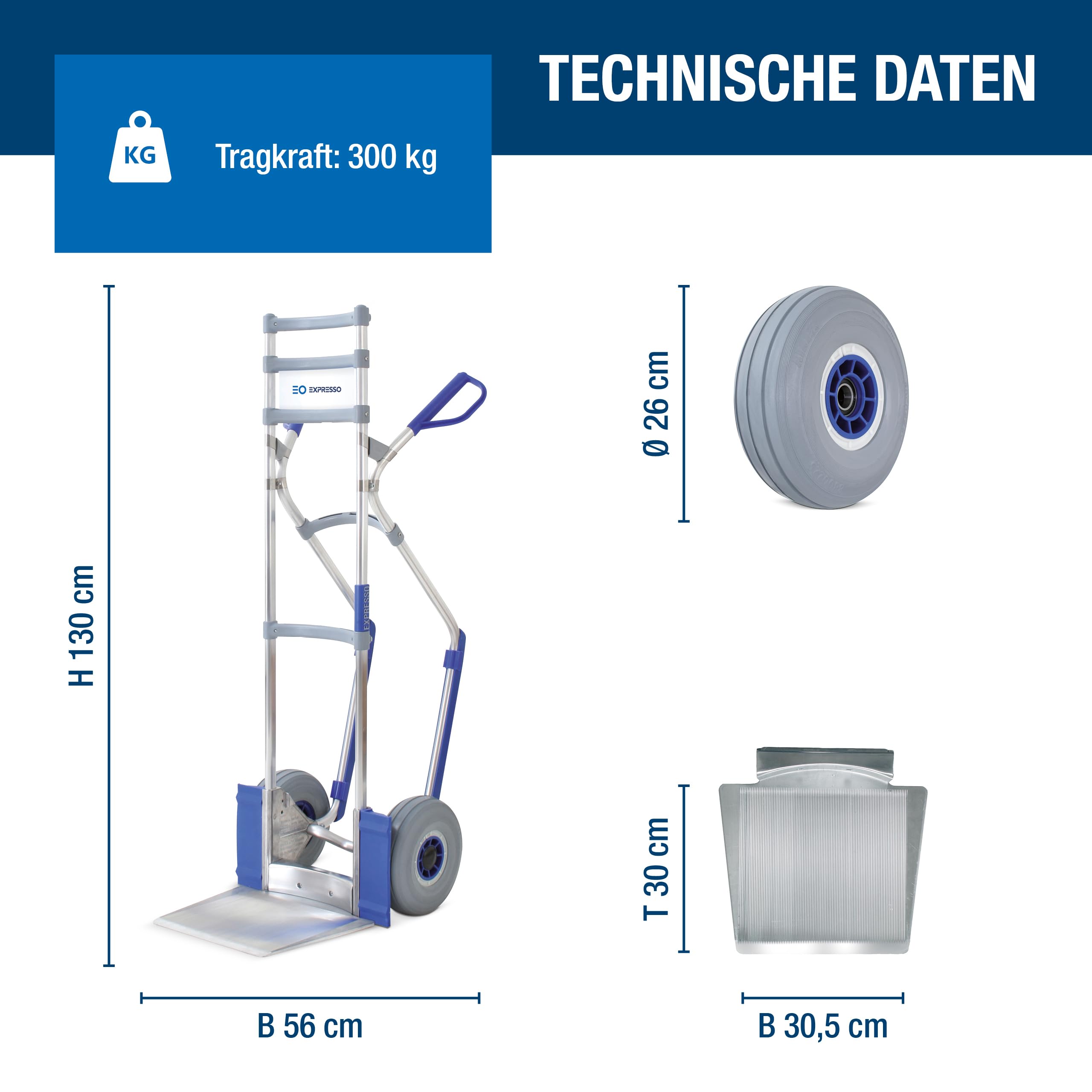 Vollmontierte EXPRESSO Alu Profi- Sackkarre für Säcke, Rollen & Kartons AE201525 / 250kg / pannensichere Vollgummireifen/Schaufel L 30 x B 30,5 cm