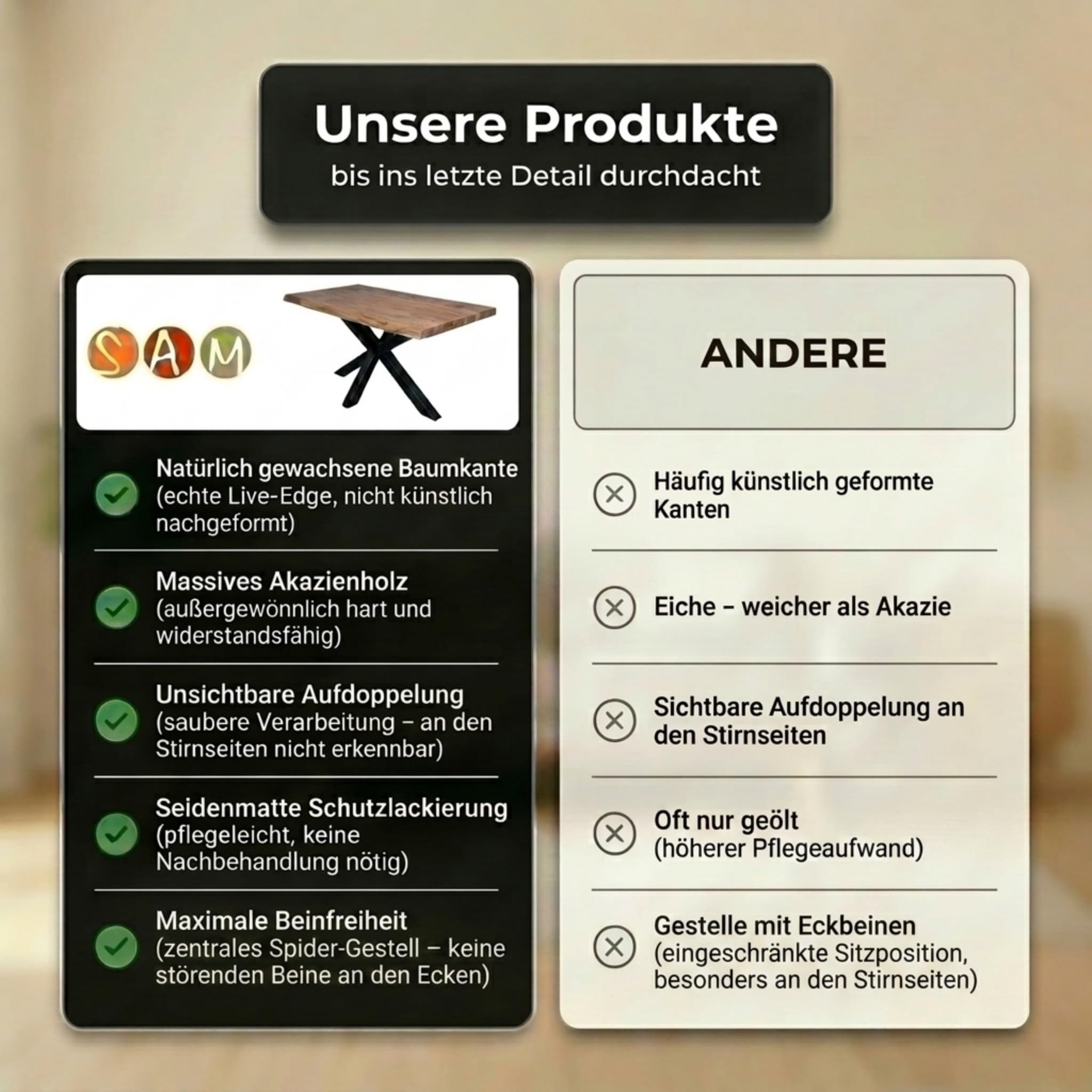 SAM Esstisch Cali 180x90 cm Akazie Natur Spider-Gestell schwarz | Baumkantentisch massiv, Akazienholz naturfarben, Esszimmertisch, Industrial-Design